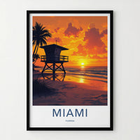 Miami Poster - Florida Travel Print - Lifeguard Sunset Beach Home Decor