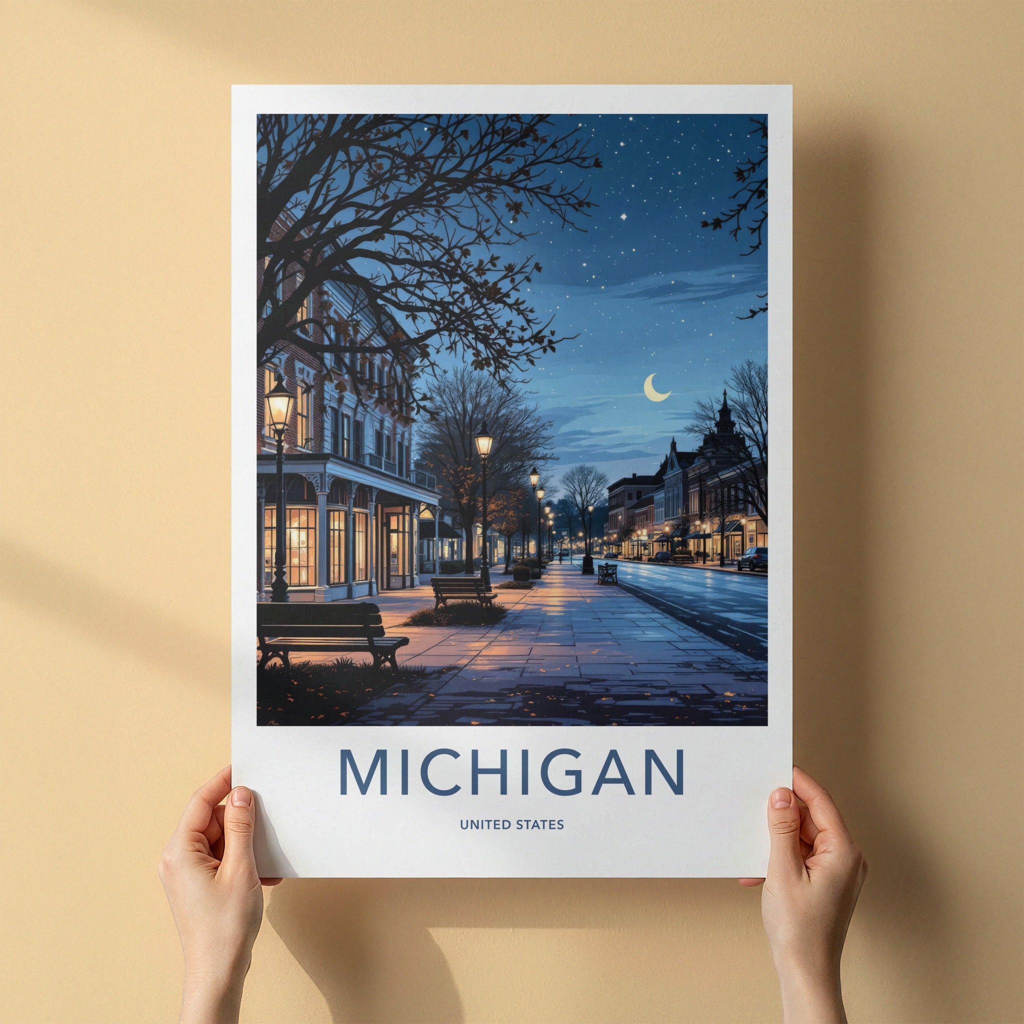 Michigan Poster - Michigan Travel Art - Starry Street Evening Home Decor