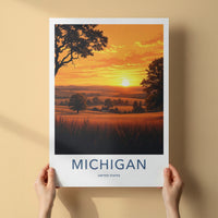 MICHIGAN Poster - Michigan Travel Print - Golden Field Sunset Wall Decor