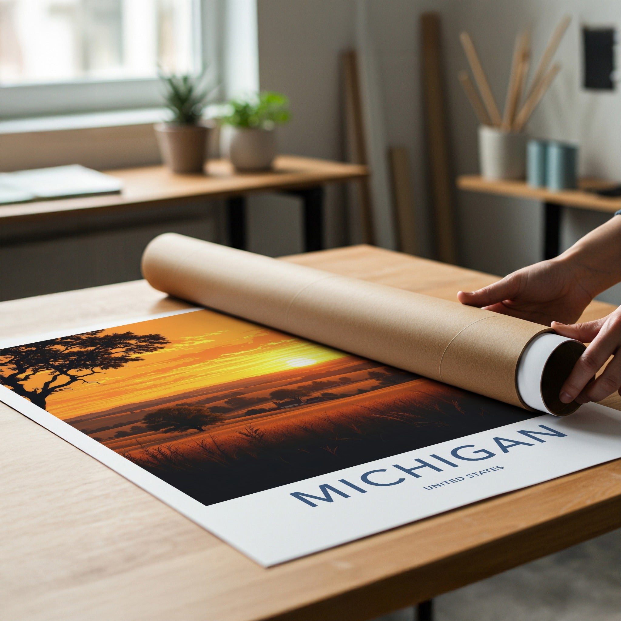 MICHIGAN Poster - Michigan Travel Print - Golden Field Sunset Wall Decor