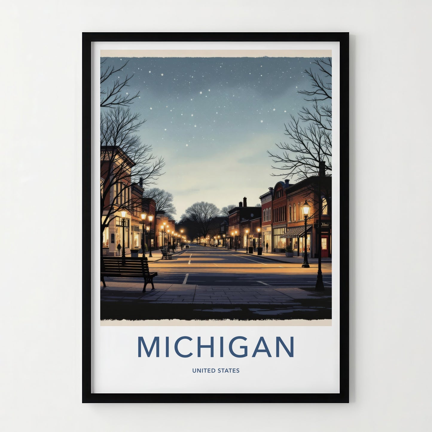 Michigan Poster - Michigan Travel Print - Starry Winter Night Wall Decor