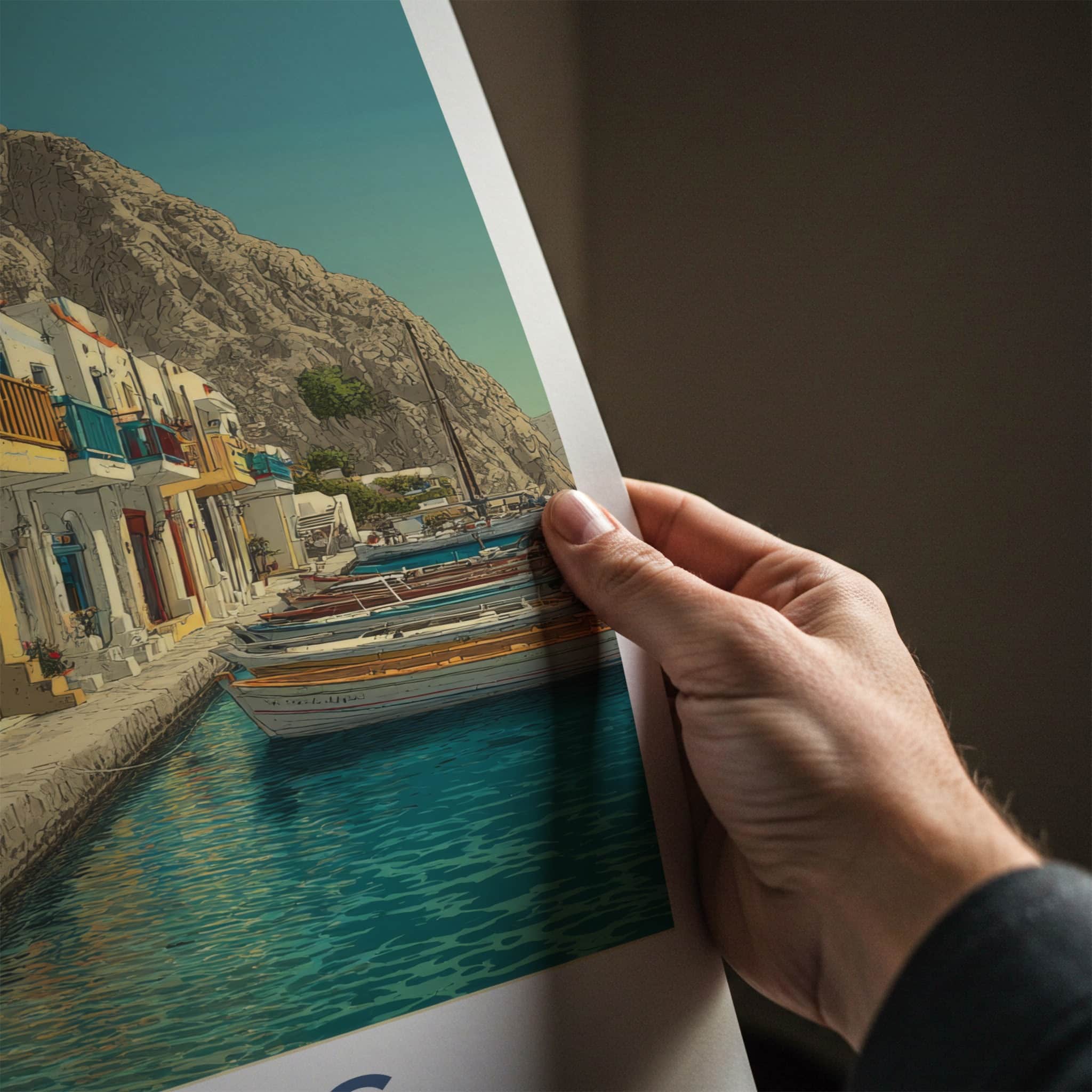 Milos Poster - Greece Travel Art - Waterfront Houses Boats Home Art
