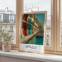 Milos Poster - Greece Travel Art - Waterfront Houses Boats Home Art