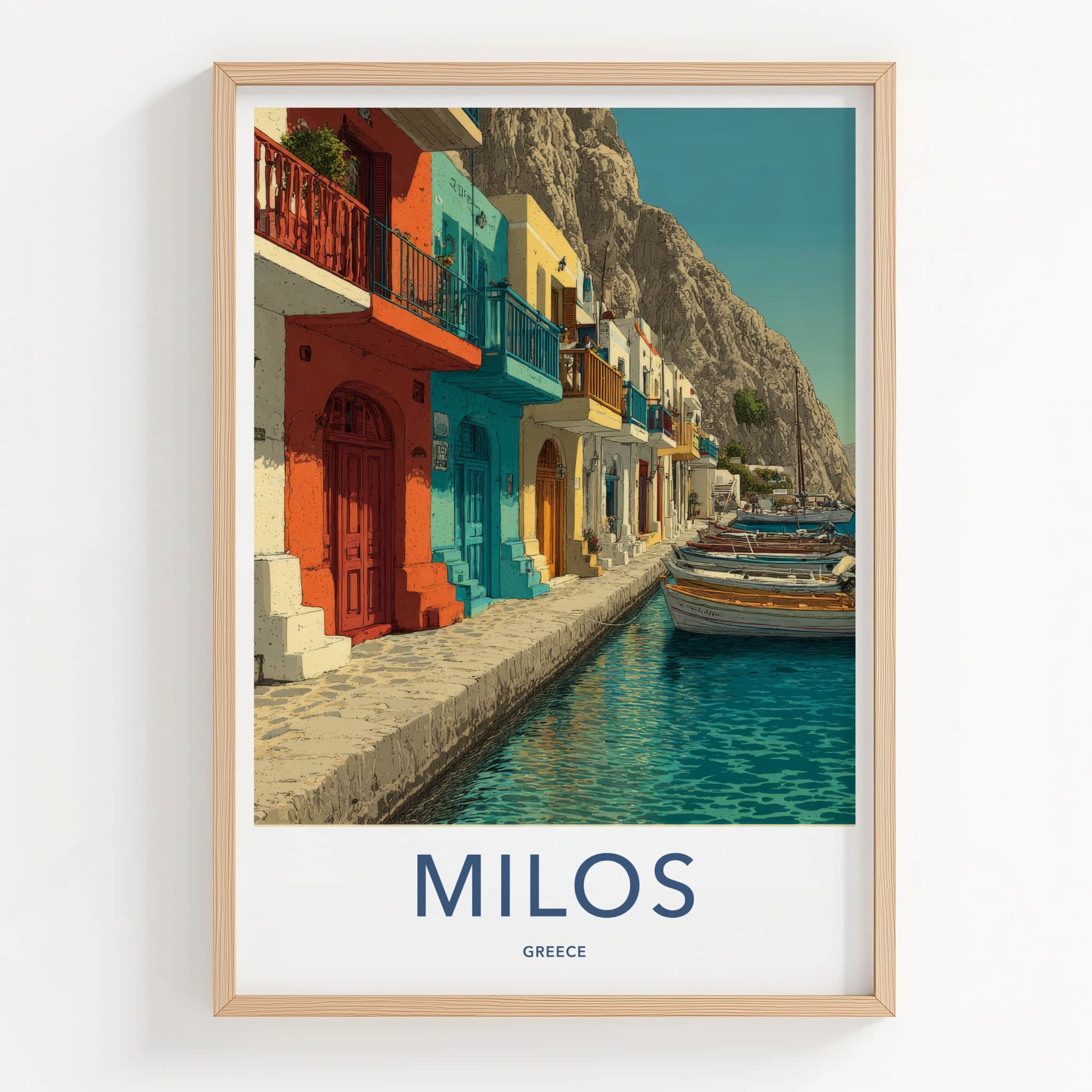 Milos Poster - Greece Travel Art - Waterfront Houses Boats Home Art
