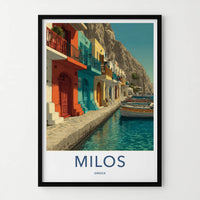 Milos Poster - Greece Travel Art - Waterfront Houses Boats Home Art