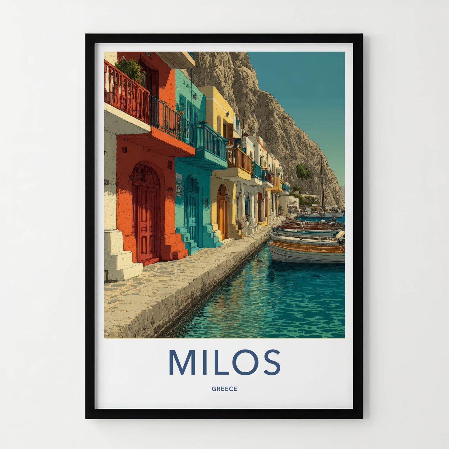 Milos Poster - Greece Travel Art - Waterfront Houses Boats Home Art