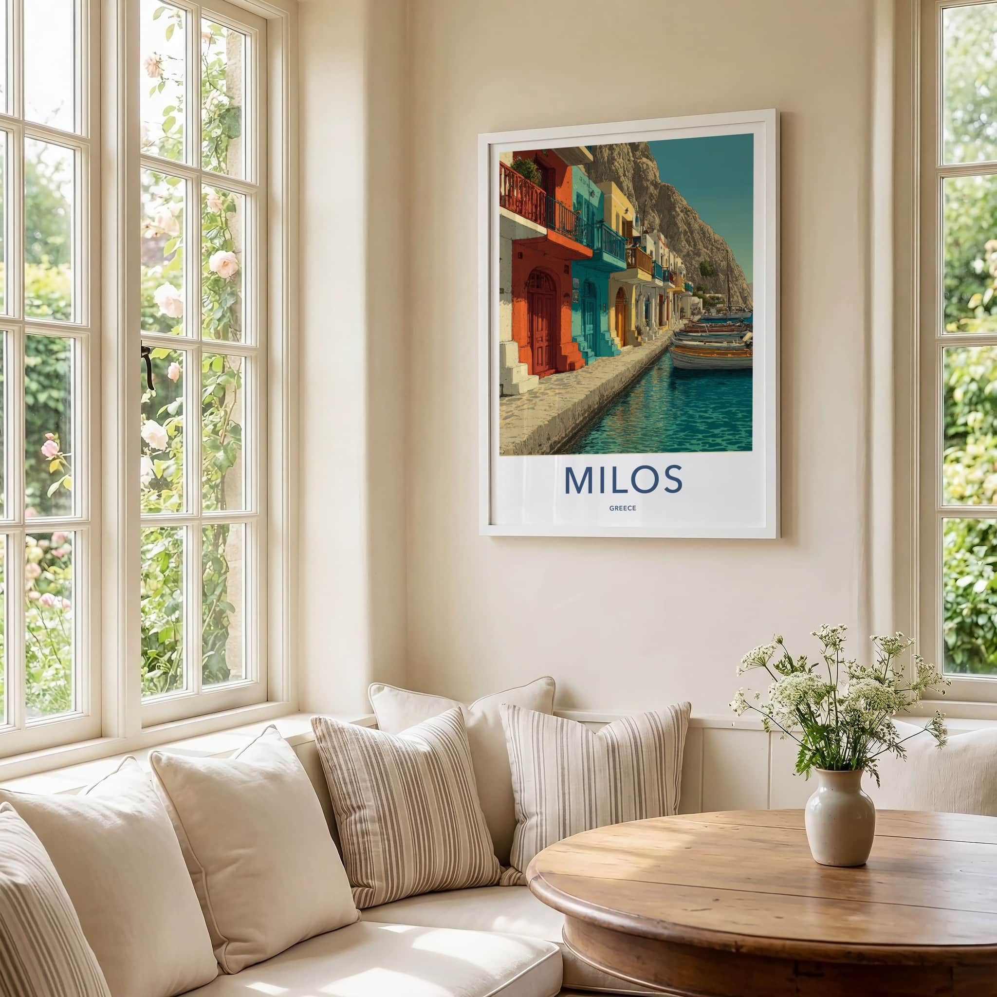 Milos Poster - Greece Travel Art - Waterfront Houses Boats Home Art
