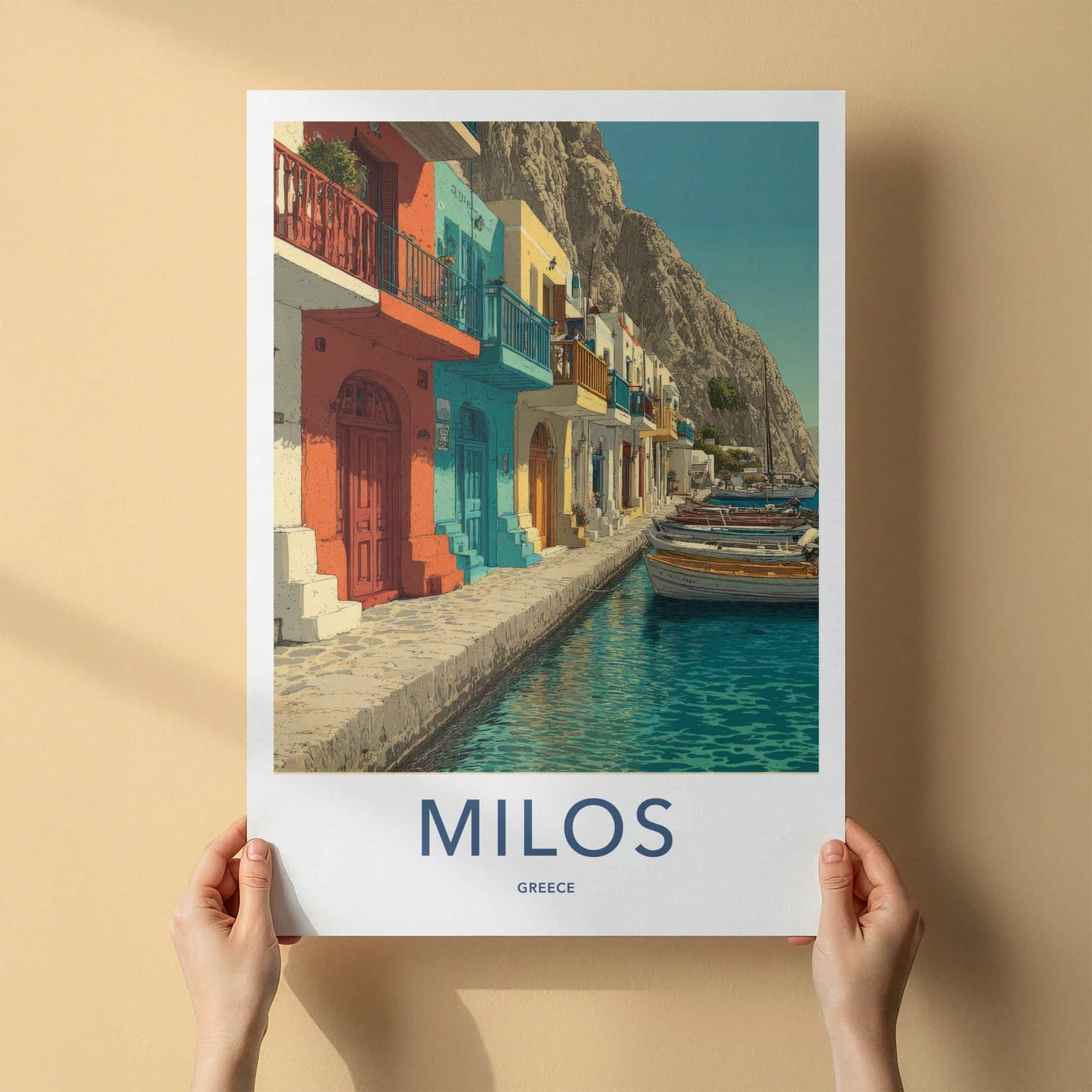 Milos Poster - Greece Travel Art - Waterfront Houses Boats Home Art