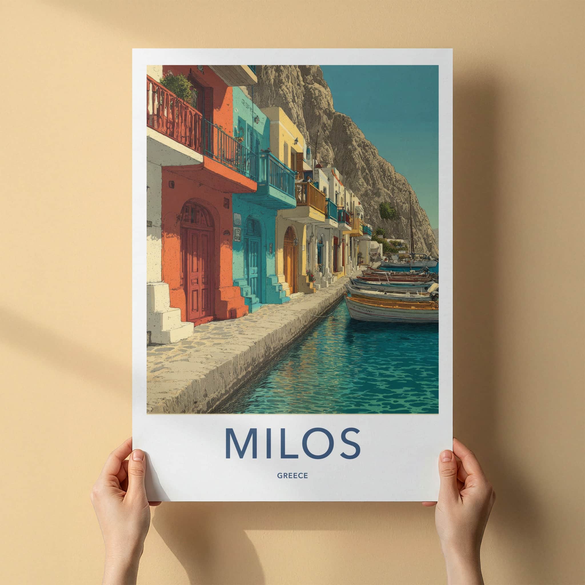 Milos Poster - Greece Travel Art - Waterfront Houses Boats Home Art