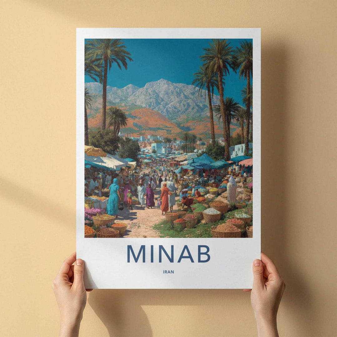 MINAB Poster - Iran Framed Print - Bustling Market Palms Framed Decor