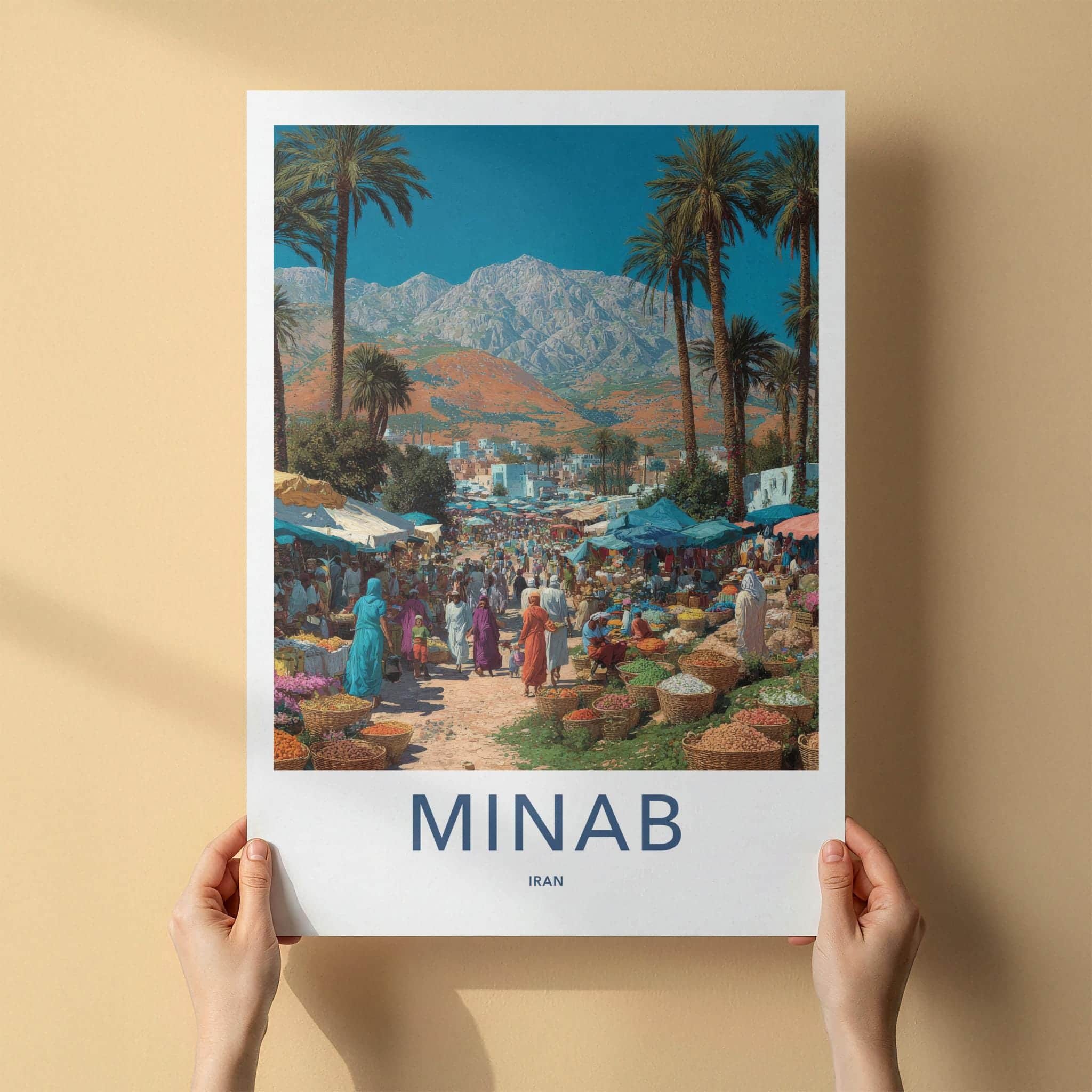 MINAB Poster - Iran Framed Print - Bustling Market Palms Framed Decor