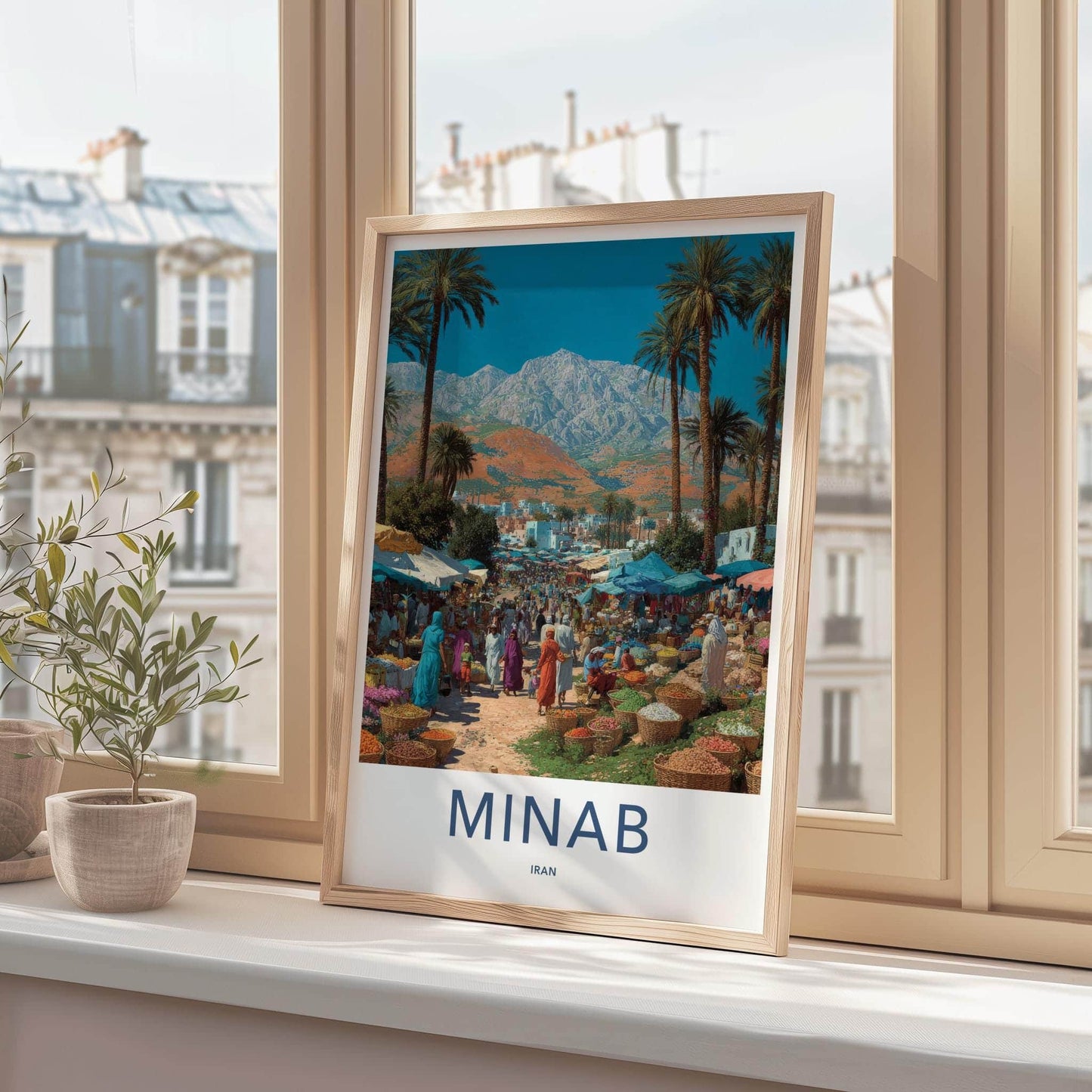 MINAB Poster - Iran Framed Print - Bustling Market Palms Framed Decor