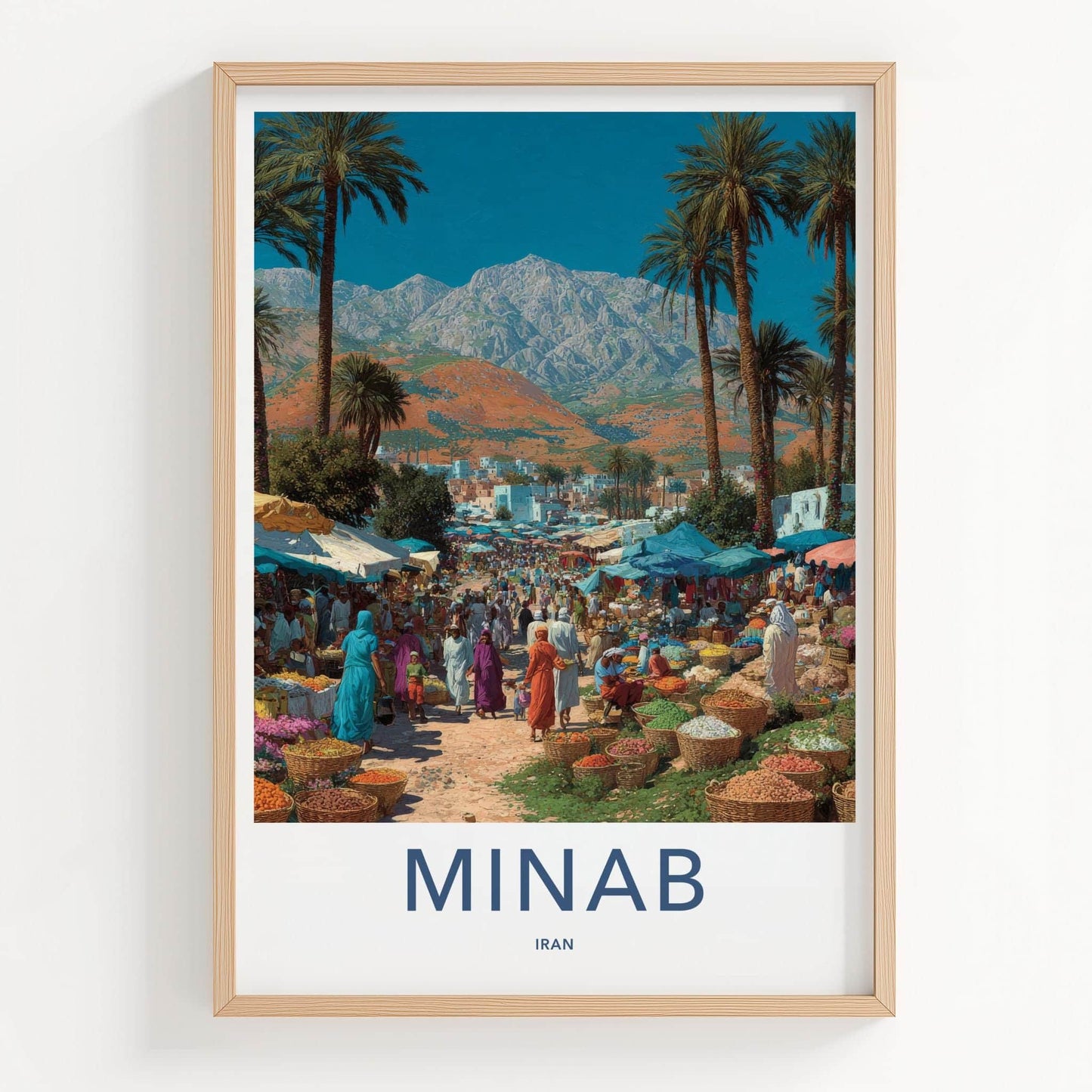 MINAB Poster - Iran Framed Print - Bustling Market Palms Framed Decor