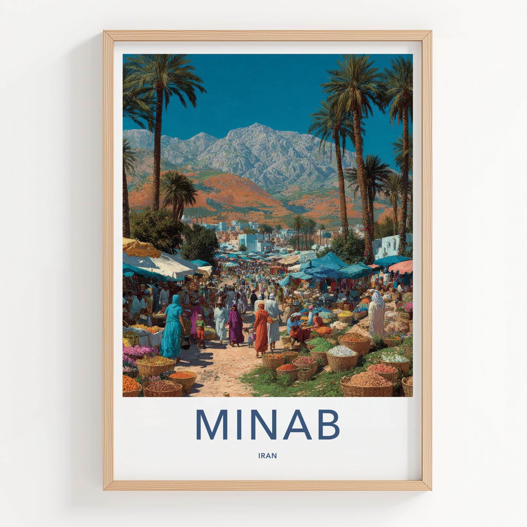 MINAB Poster - Iran Framed Print - Bustling Market Palms Framed Decor