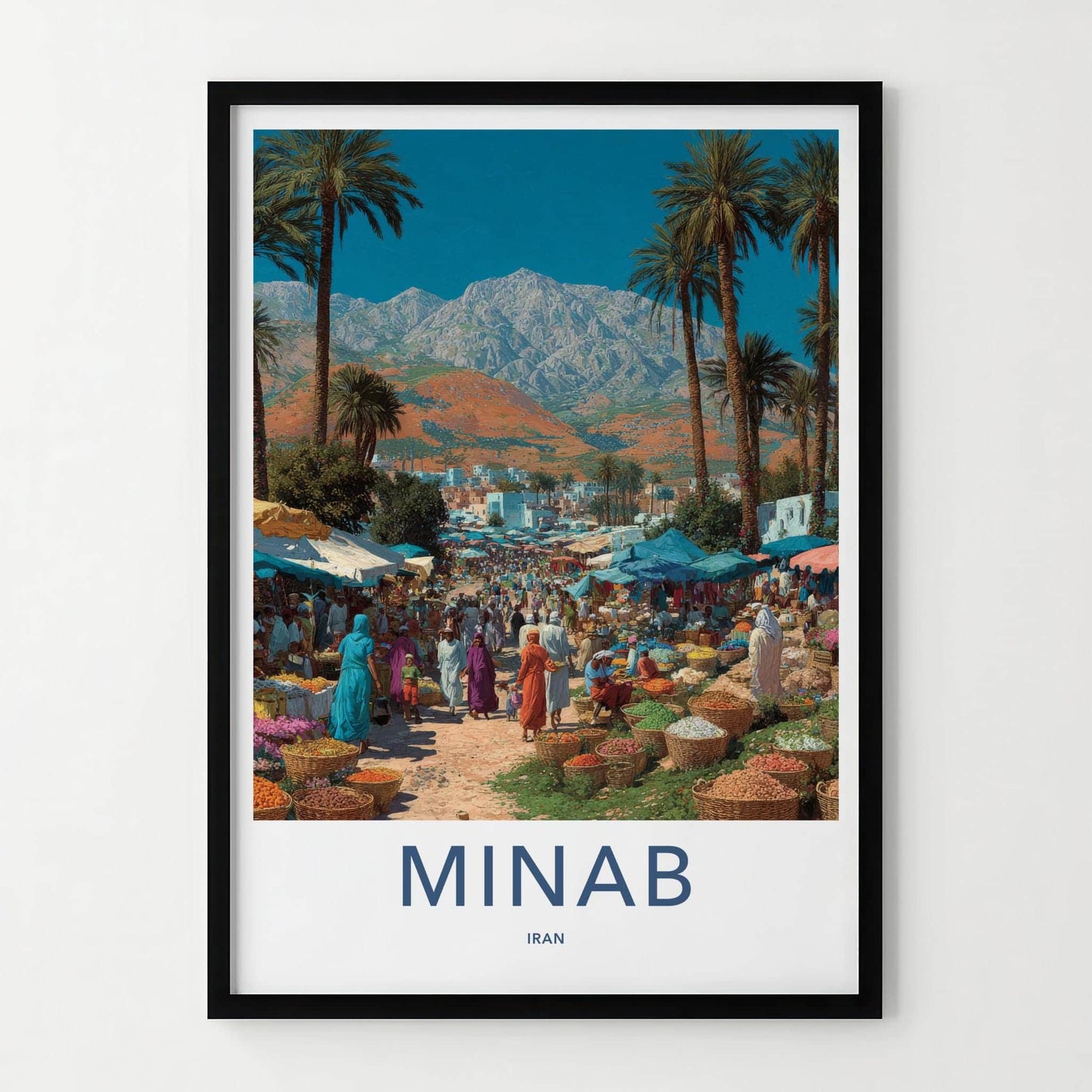 MINAB Poster - Iran Framed Print - Bustling Market Palms Framed Decor