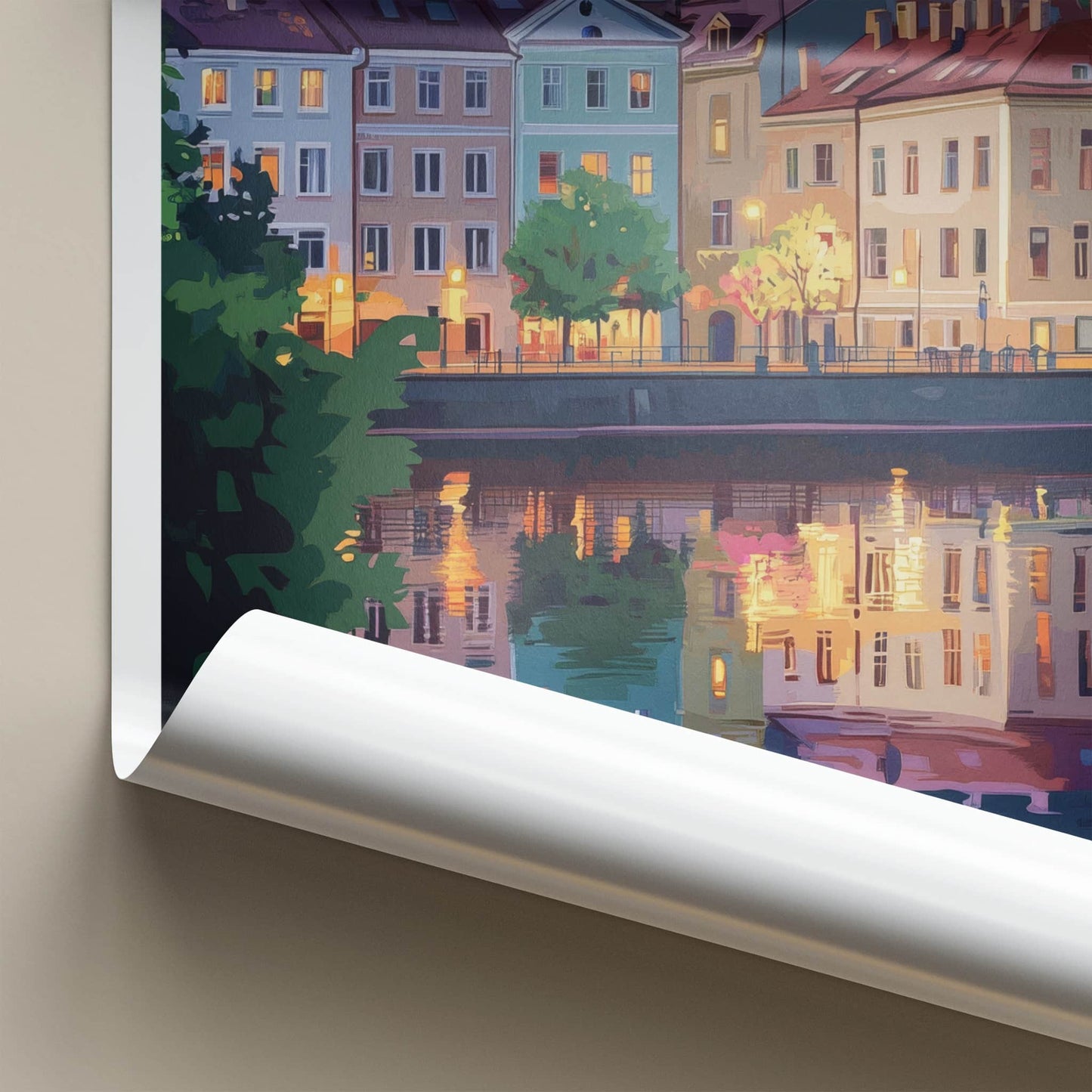 Minsk Poster - Belarus Travel Art - Dusk Riverside Buildings Home Decor