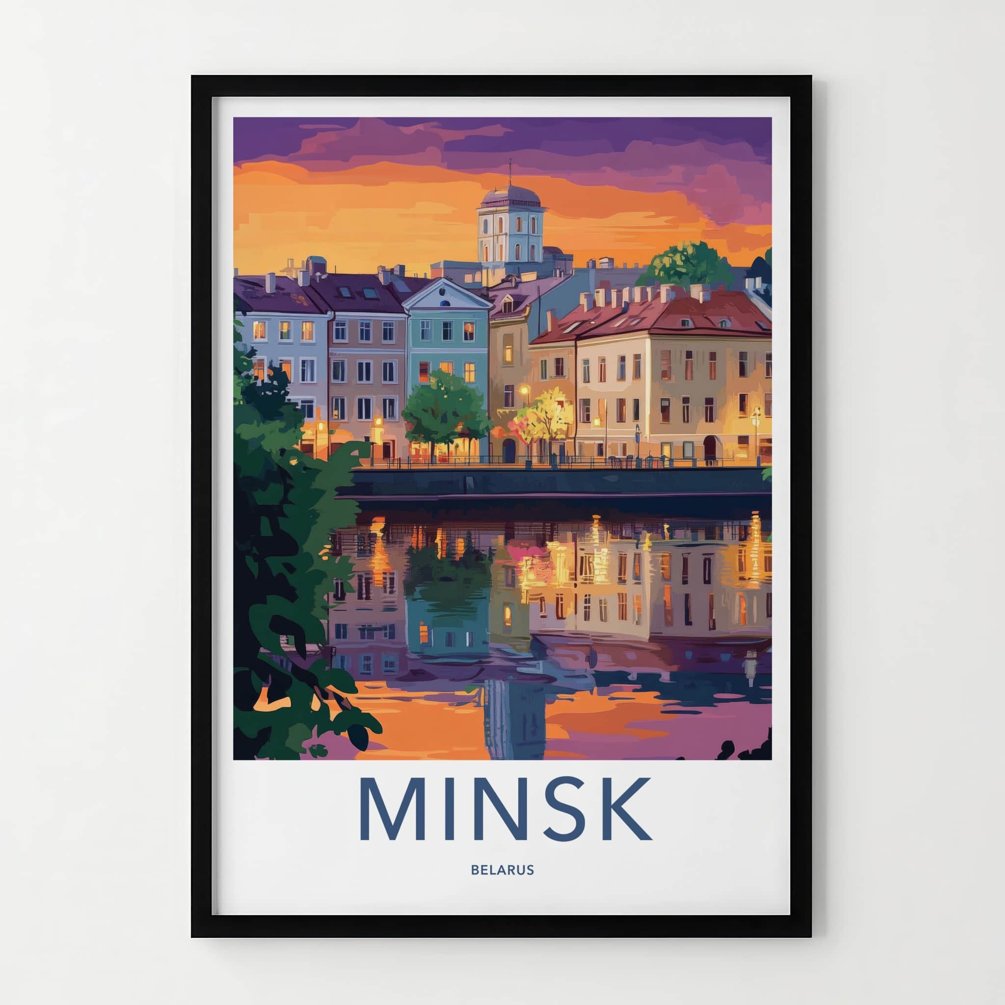 Minsk Poster - Belarus Travel Art - Dusk Riverside Buildings Home Decor