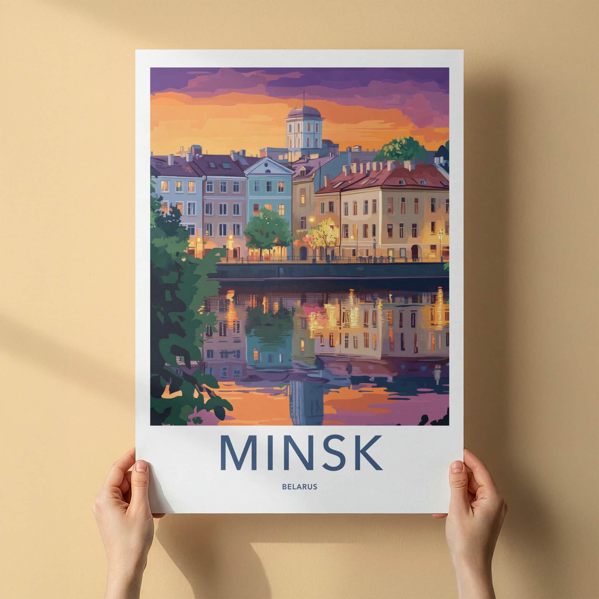 Minsk Poster - Belarus Travel Art - Dusk Riverside Buildings Home Decor