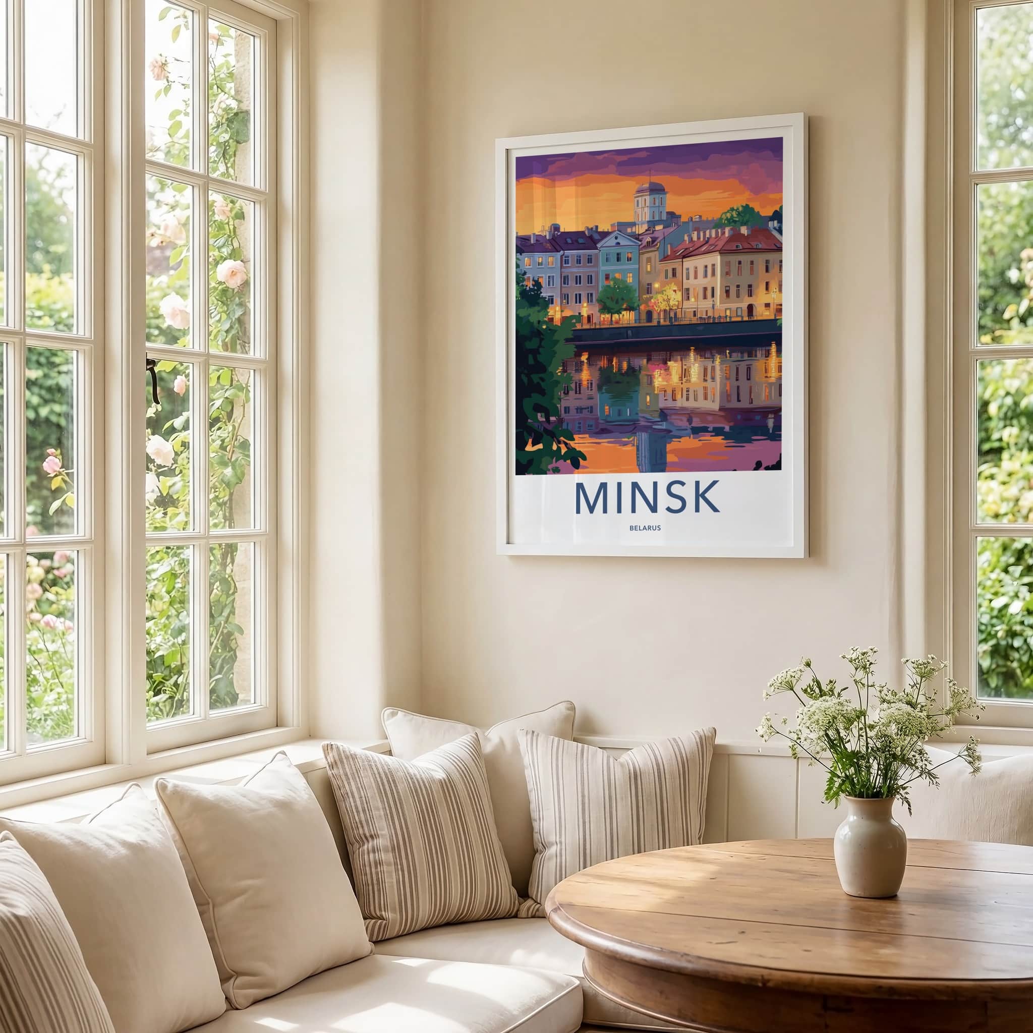 Minsk Poster - Belarus Travel Art - Dusk Riverside Buildings Home Decor