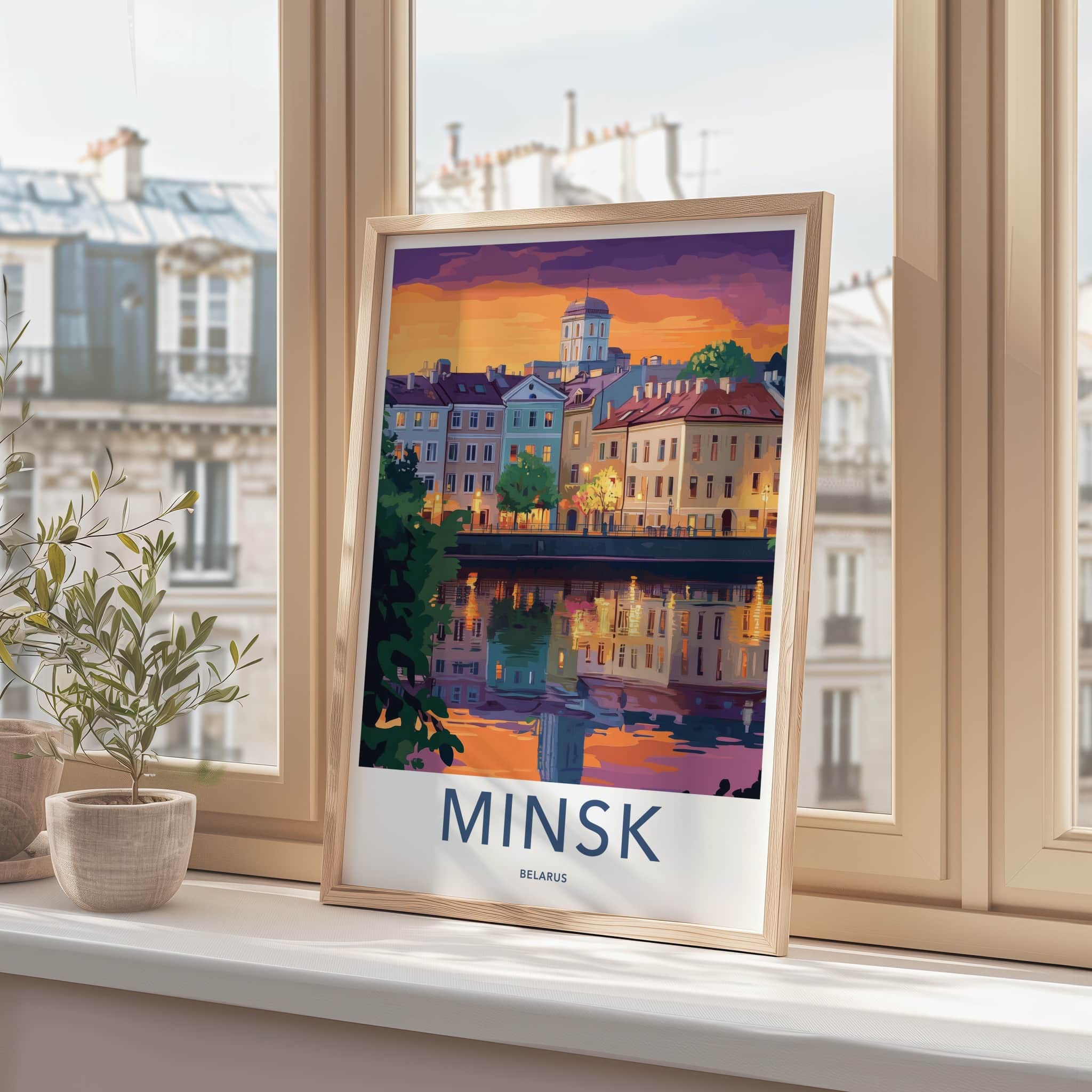 Minsk Poster - Belarus Travel Art - Dusk Riverside Buildings Home Decor