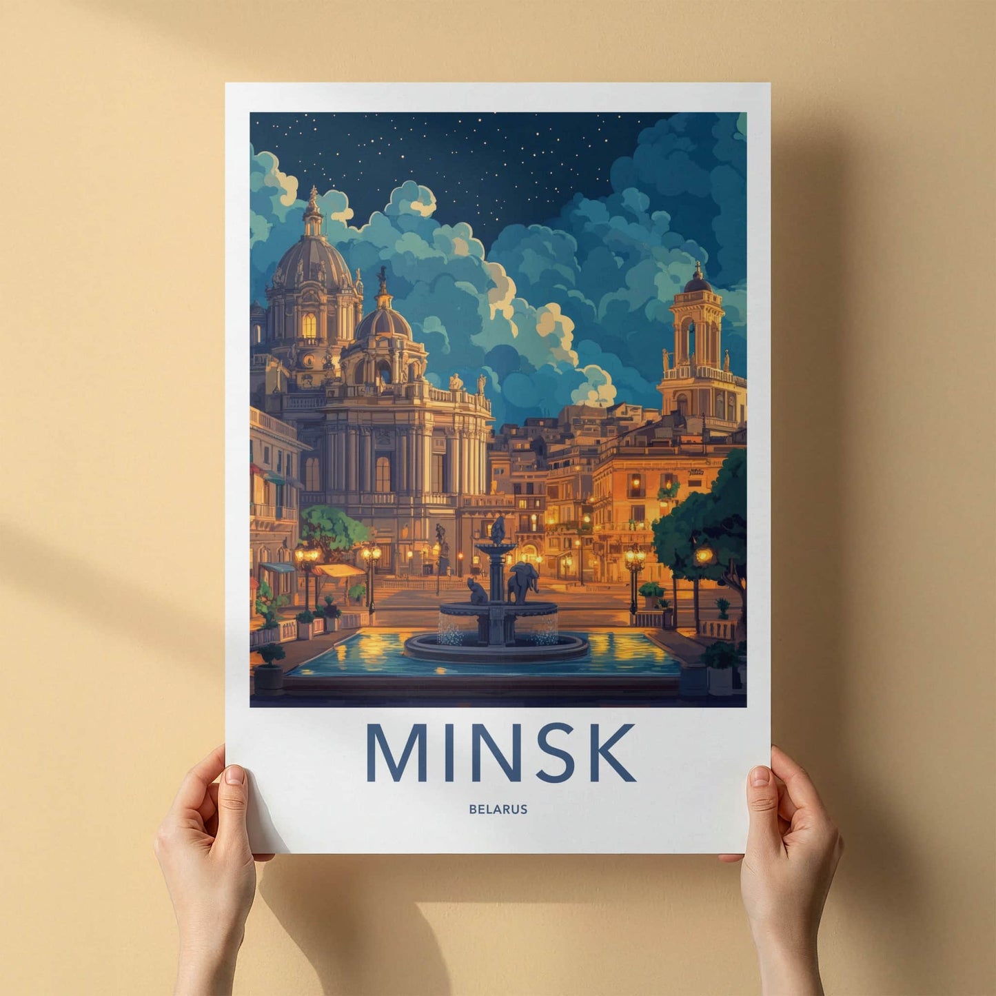 Minsk Poster - Belarus Travel Art - Illuminated City Fountain Home Decor