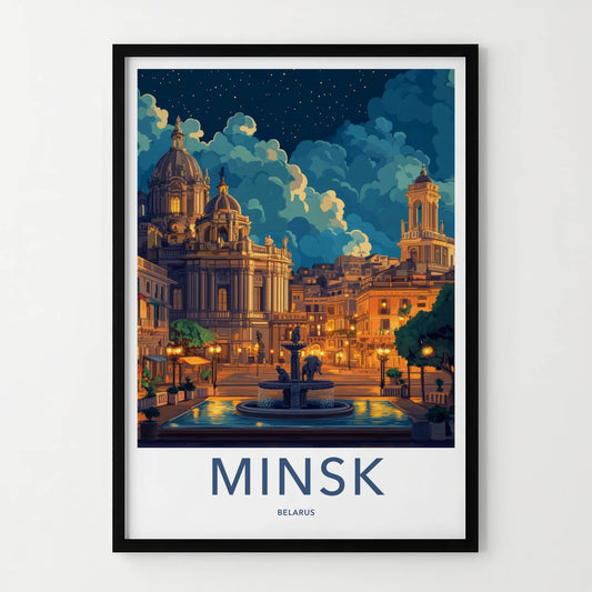 Minsk Poster - Belarus Travel Art - Illuminated City Fountain Home Decor