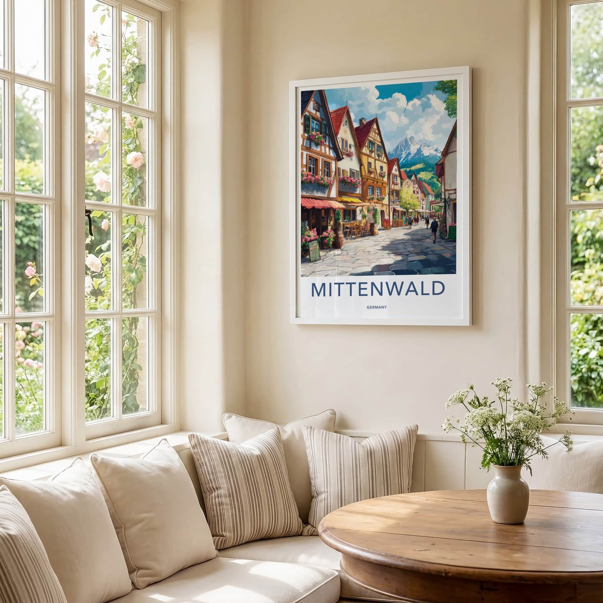 Mittenwald Poster - Germany Travel Art - Cobblestone Street Mountain Home Decor