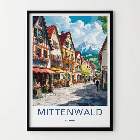 Mittenwald Poster - Germany Travel Art - Cobblestone Street Mountain Home Decor