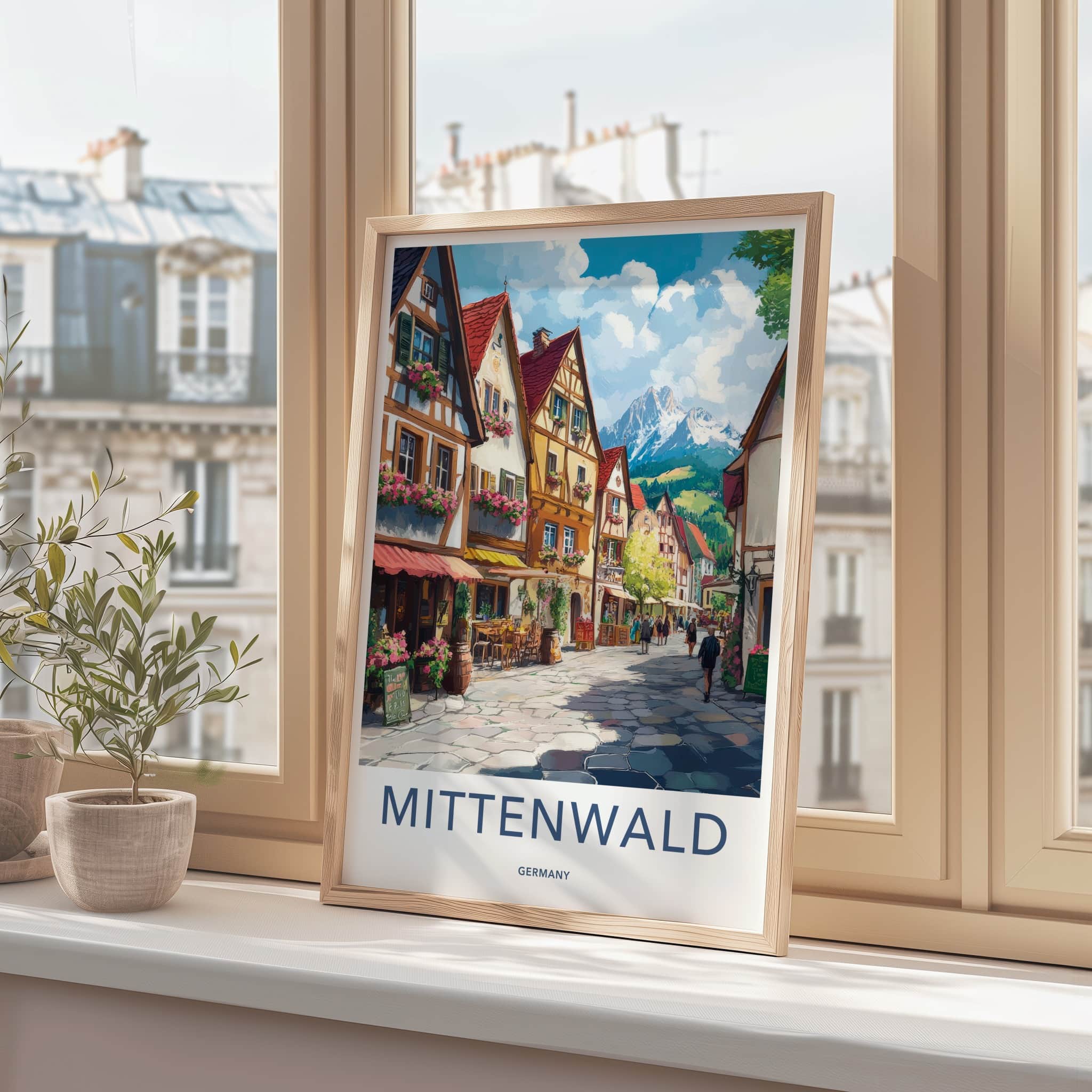 Mittenwald Poster - Germany Travel Art - Cobblestone Street Mountain Home Decor