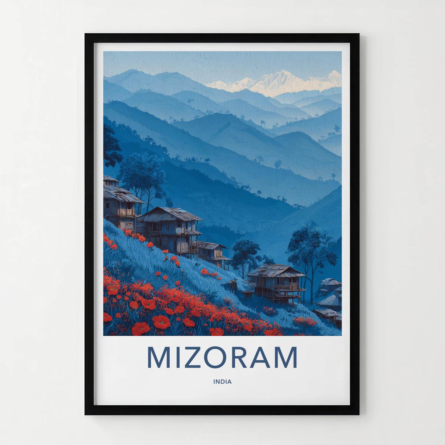 Mizoram Poster - India Travel Art - Mizoram Hillside Huts Flowers Home Decor