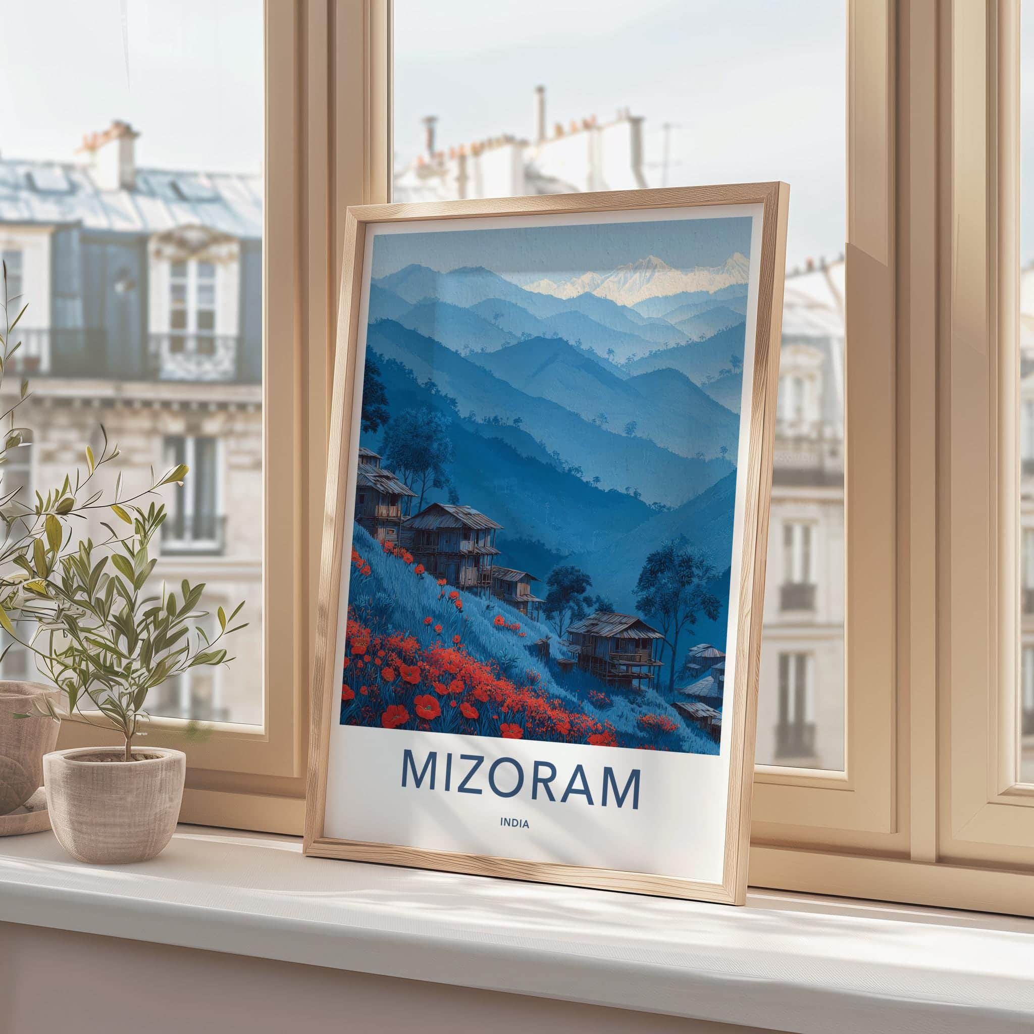 Mizoram Poster - India Travel Art - Mizoram Hillside Huts Flowers Home Decor