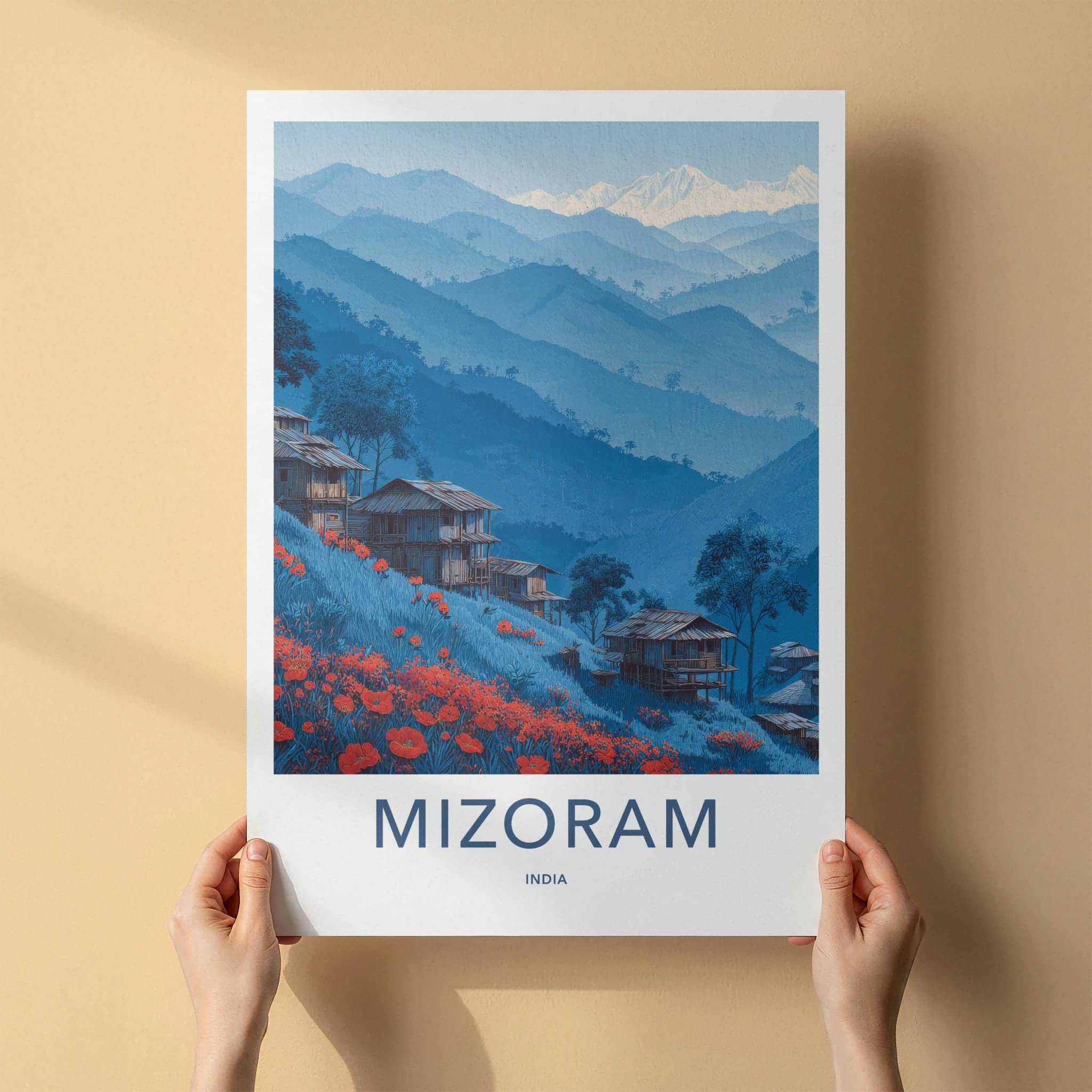 Mizoram Poster - India Travel Art - Mizoram Hillside Huts Flowers Home Decor
