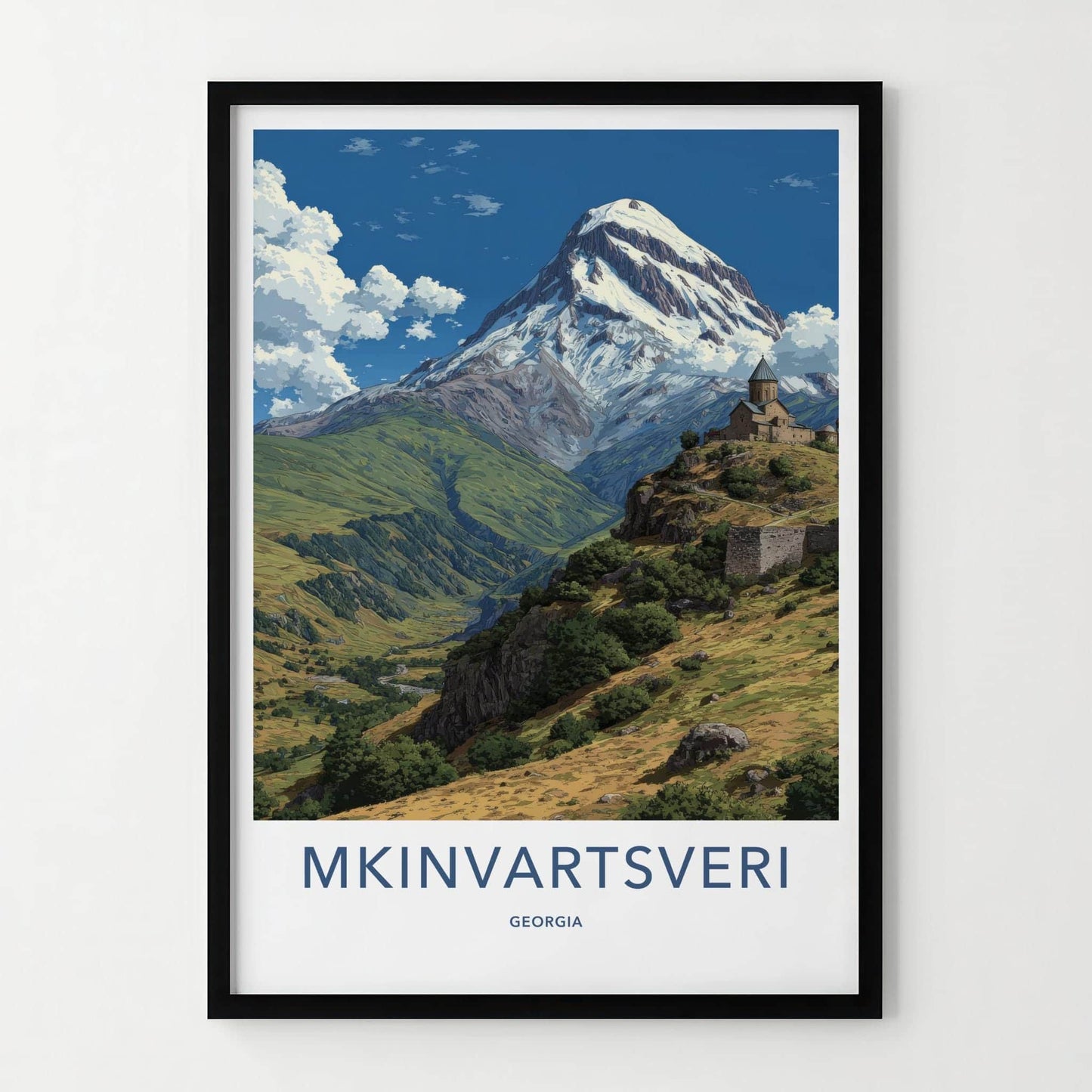 MKINVARTSVERI Poster - Georgia Travel Art - Snowy Mountain Church Home Decor
