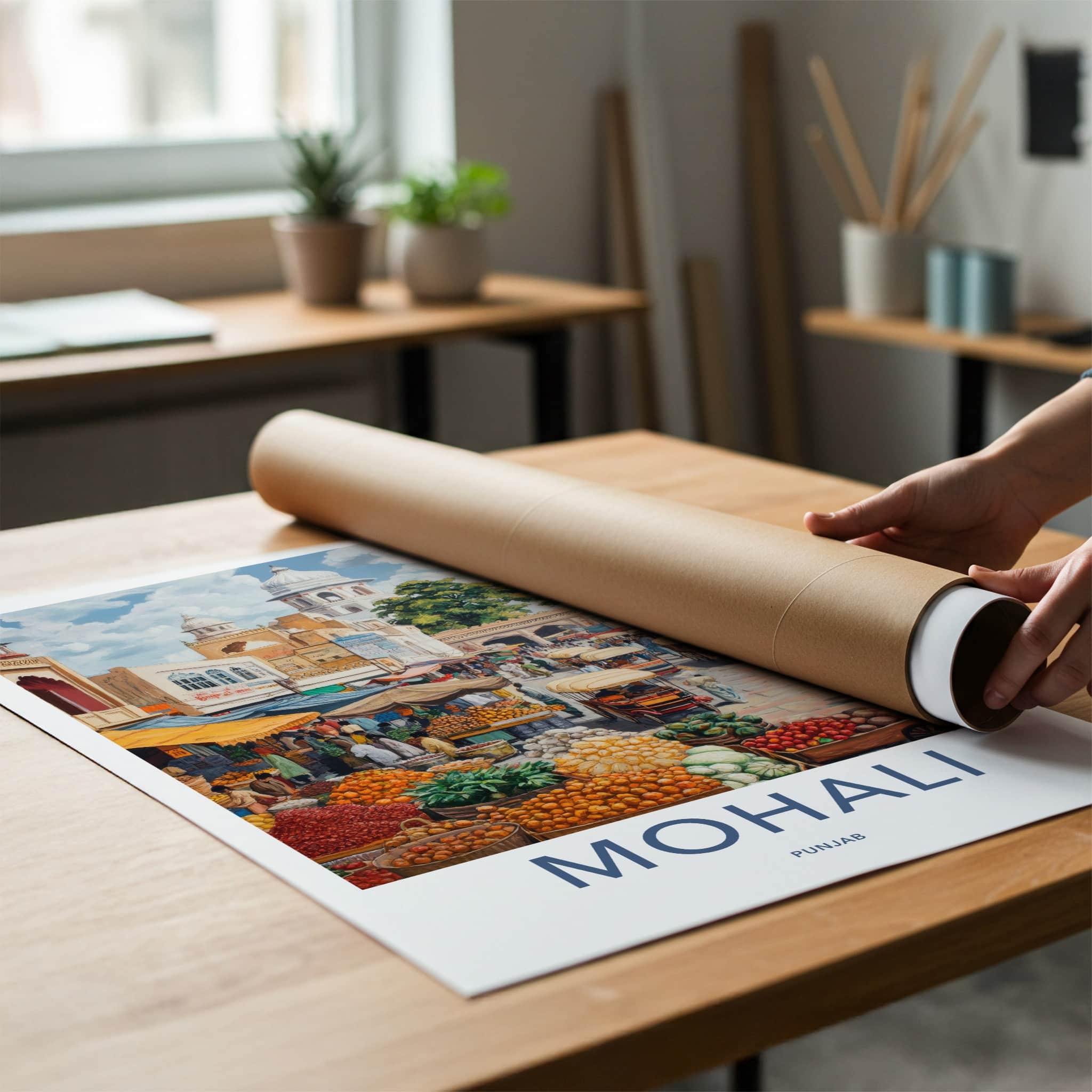 Mohali Poster - India Travel Art - Punjab Bustling Street Market Home Decor