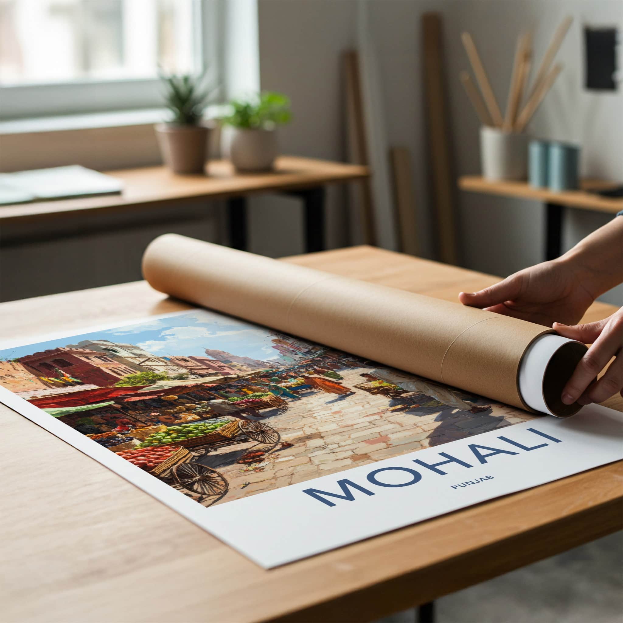 Mohali Poster - India Travel Art - Punjab Busy Bazaar Scene Home Decor