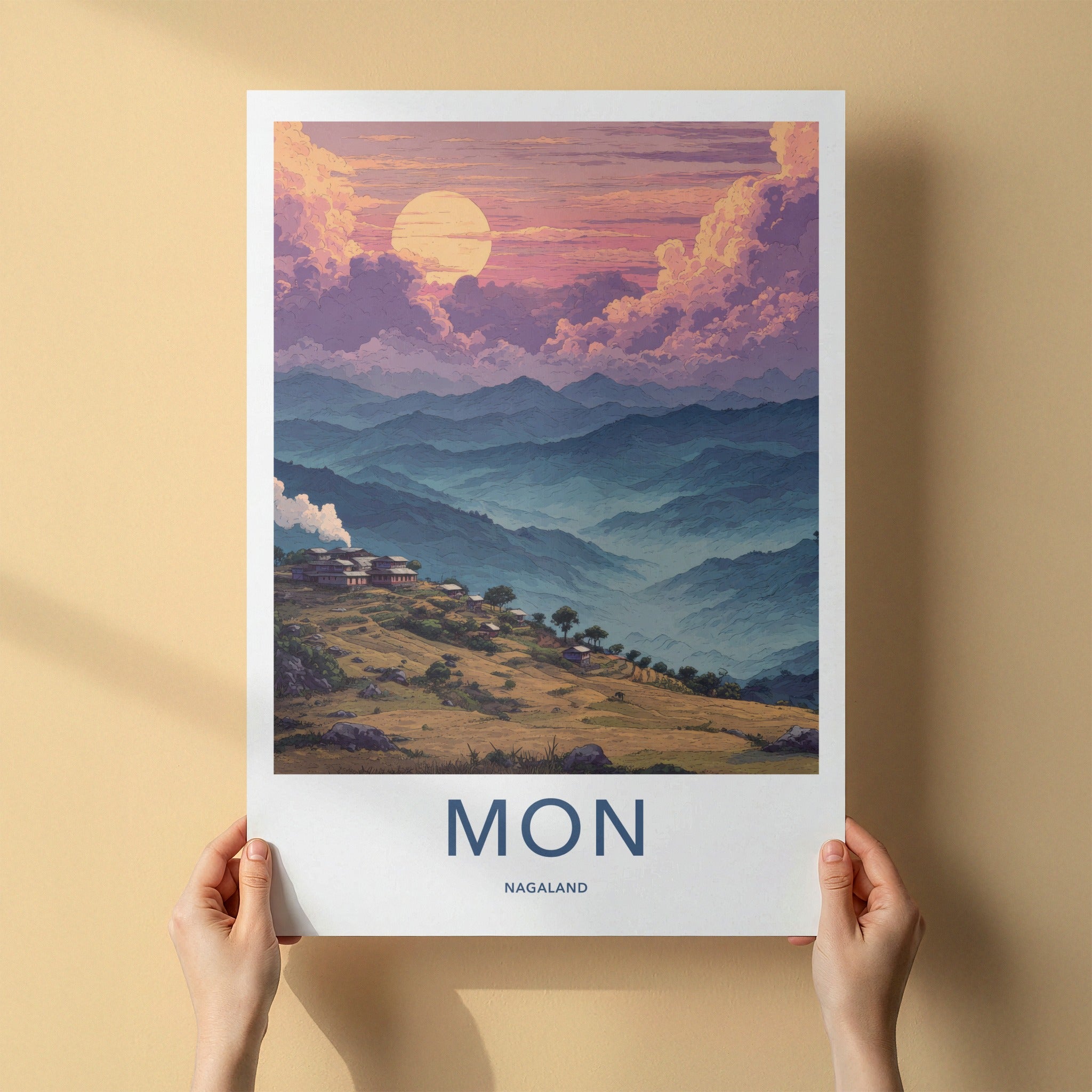Mon Poster - Nagaland Hillside Village Sunset Travel Art