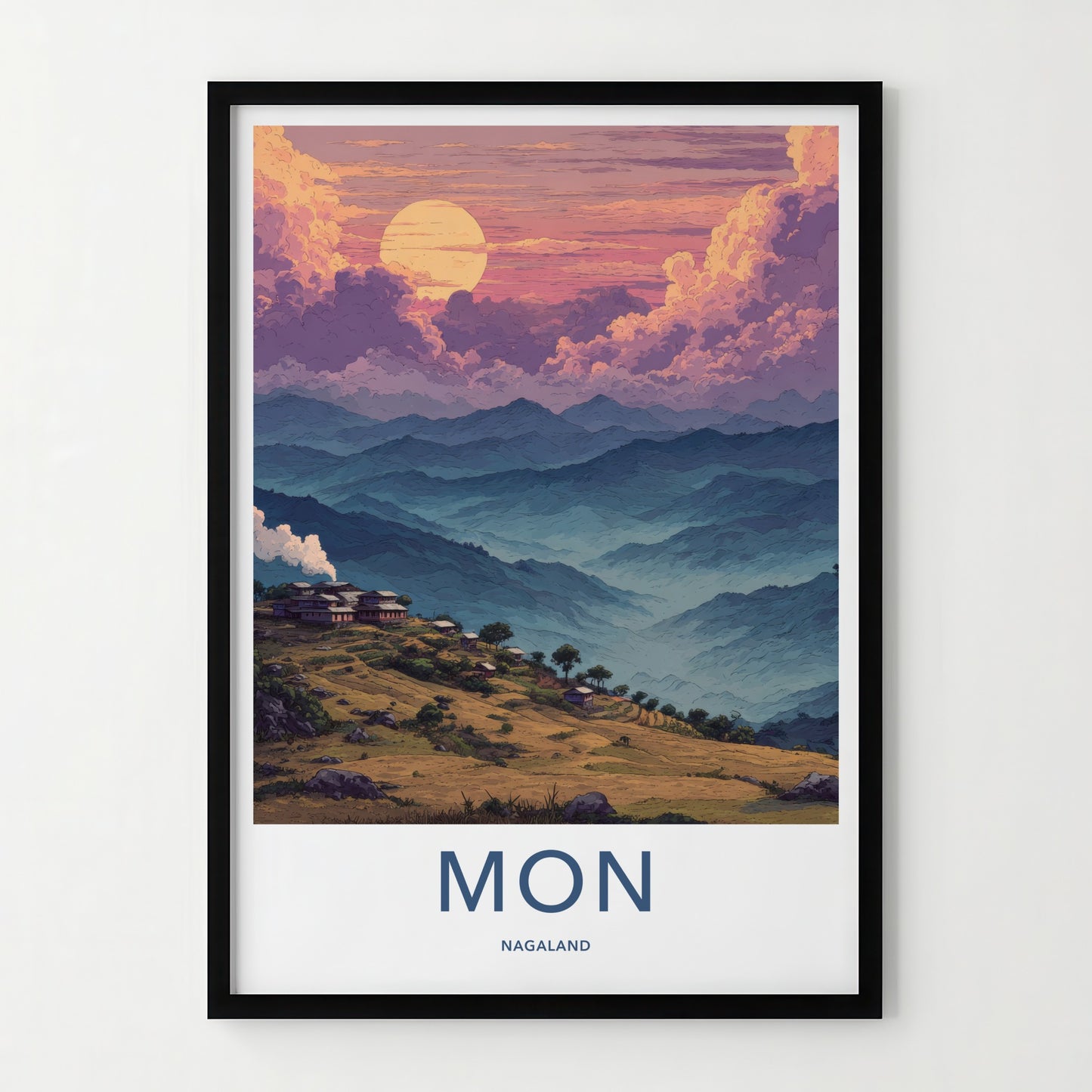 Mon Poster - Nagaland Hillside Village Sunset Travel Art