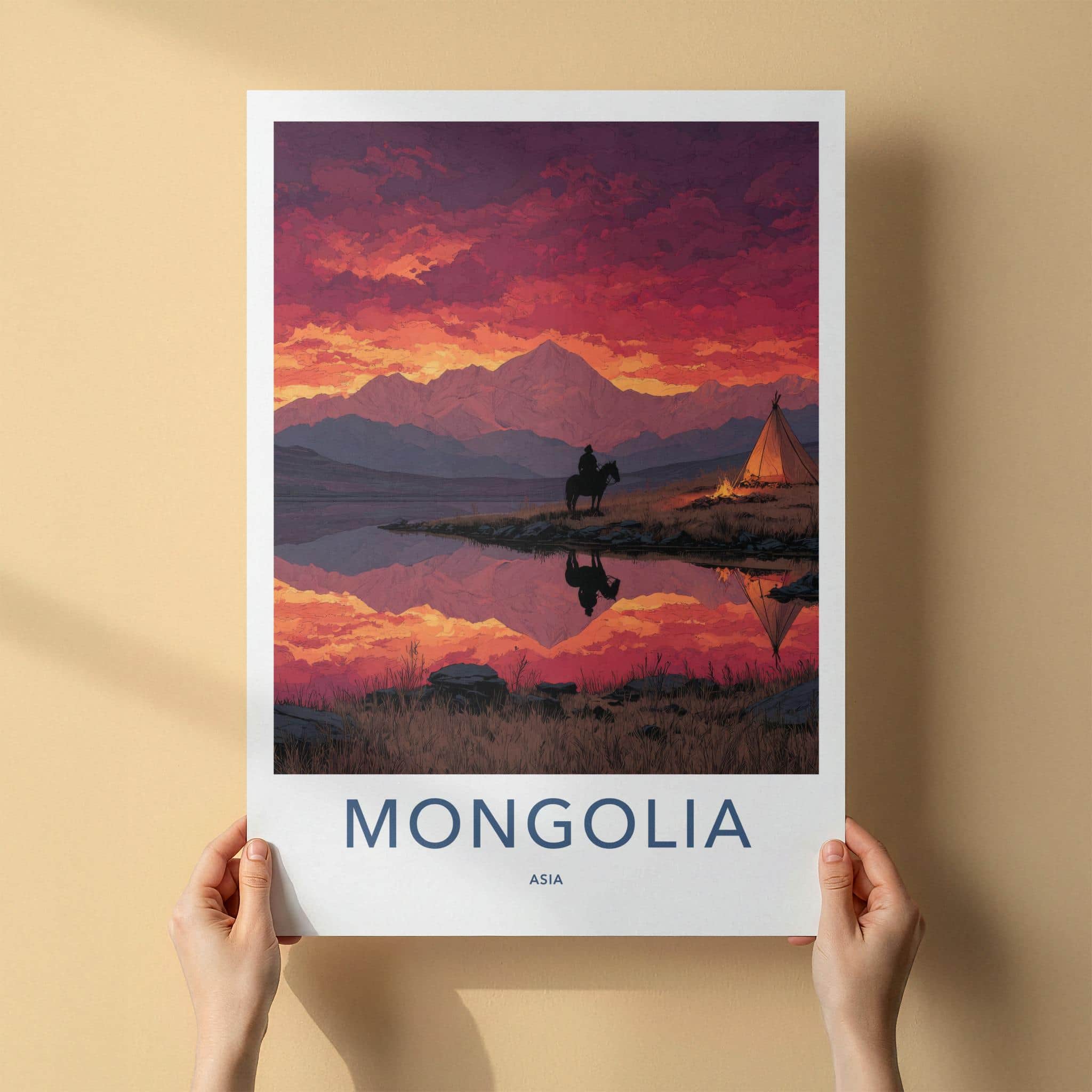 Mongolia Poster - Mongolia Art Print - Sunset Rider Campfire Gallery Art