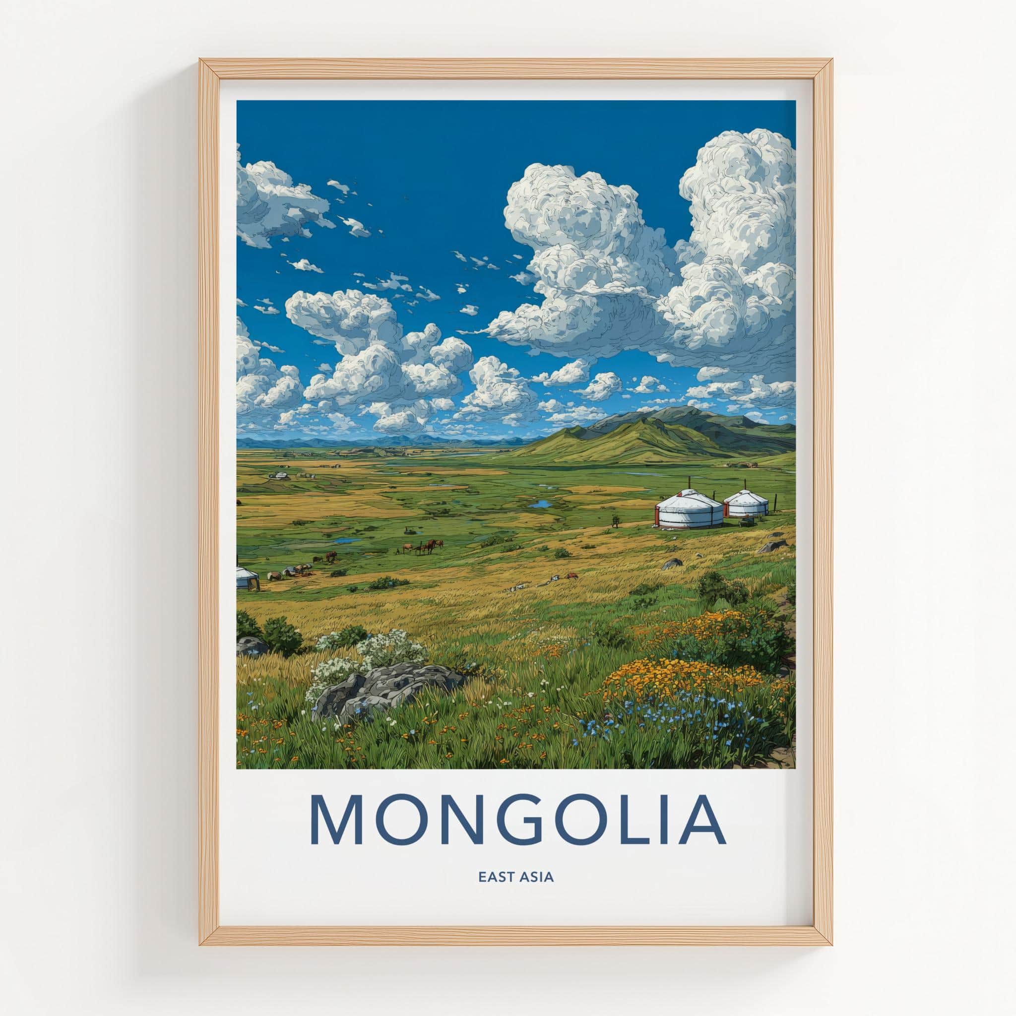 Mongolia Poster - Mongolia Travel Art - Green Steppe Yurts Home Decor