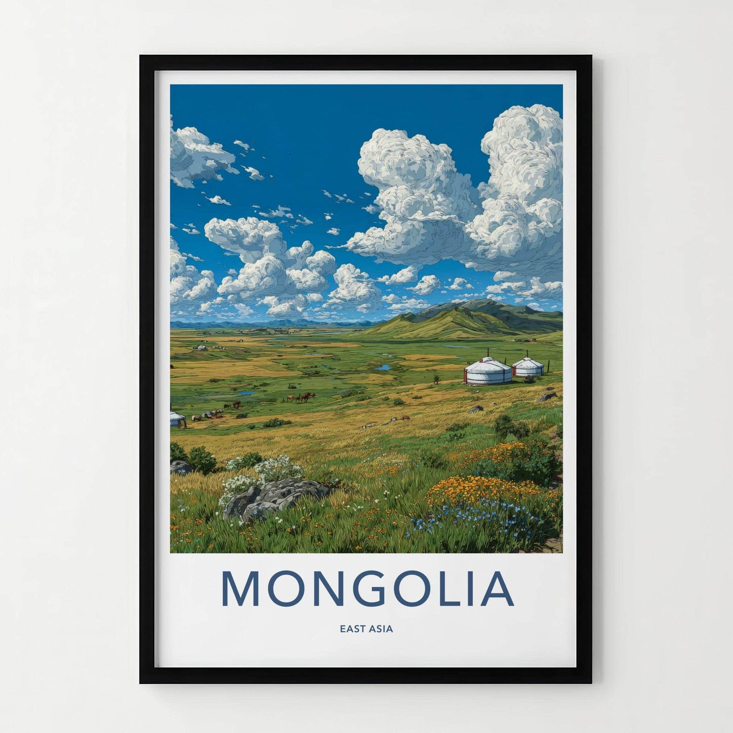 Mongolia Poster - Mongolia Travel Art - Green Steppe Yurts Home Decor