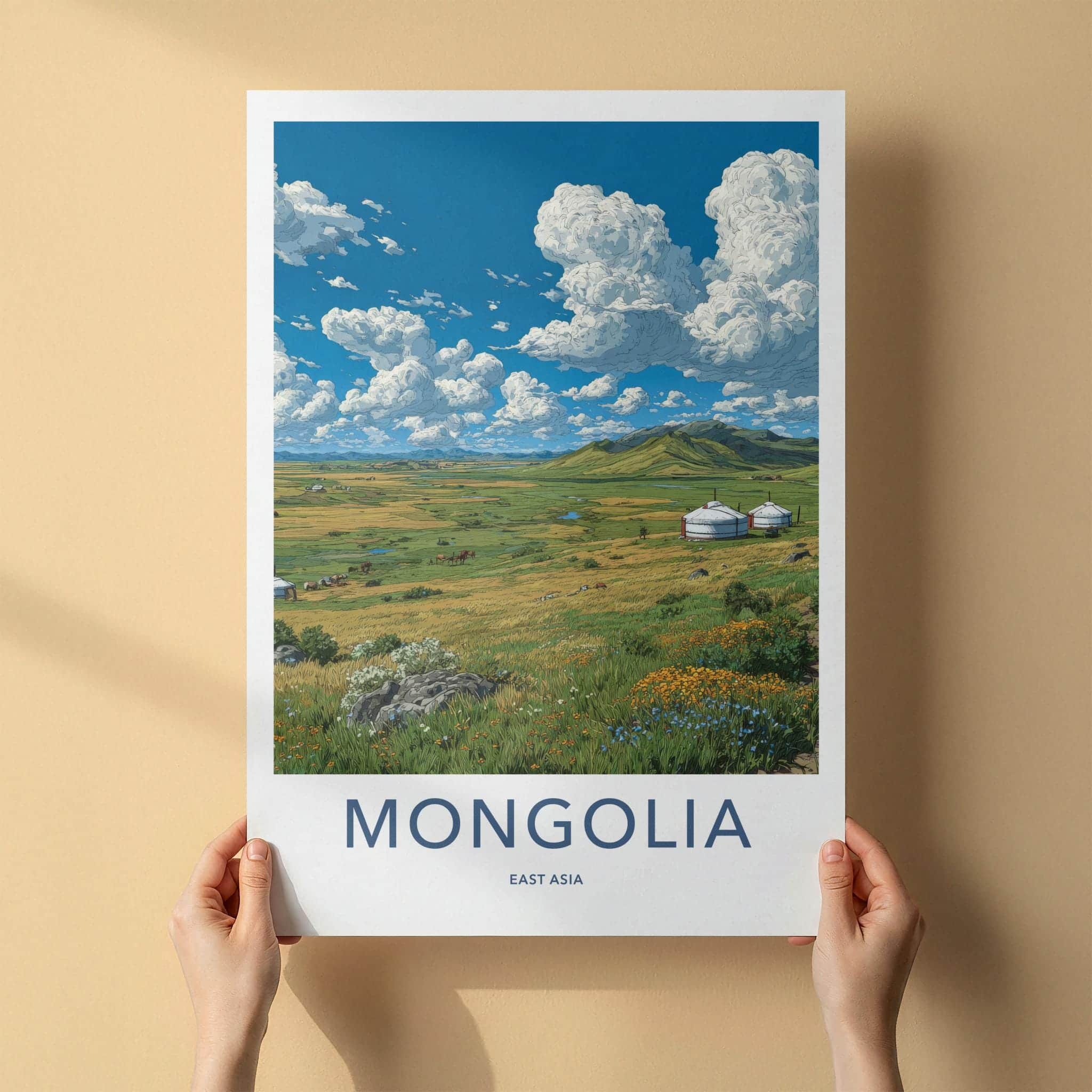 Mongolia Poster - Mongolia Travel Art - Green Steppe Yurts Home Decor