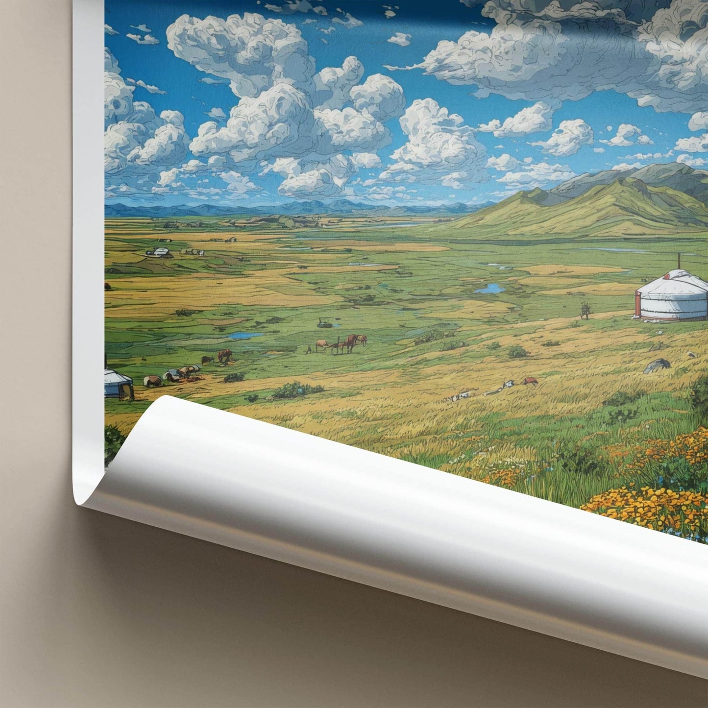 Mongolia Poster - Mongolia Travel Art - Green Steppe Yurts Home Decor