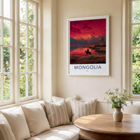 Mongolia Poster - Mongolia Travel Art - Rider Mountain Sunset Home Decor