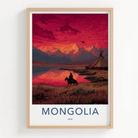 Mongolia Poster - Mongolia Travel Art - Rider Mountain Sunset Home Decor