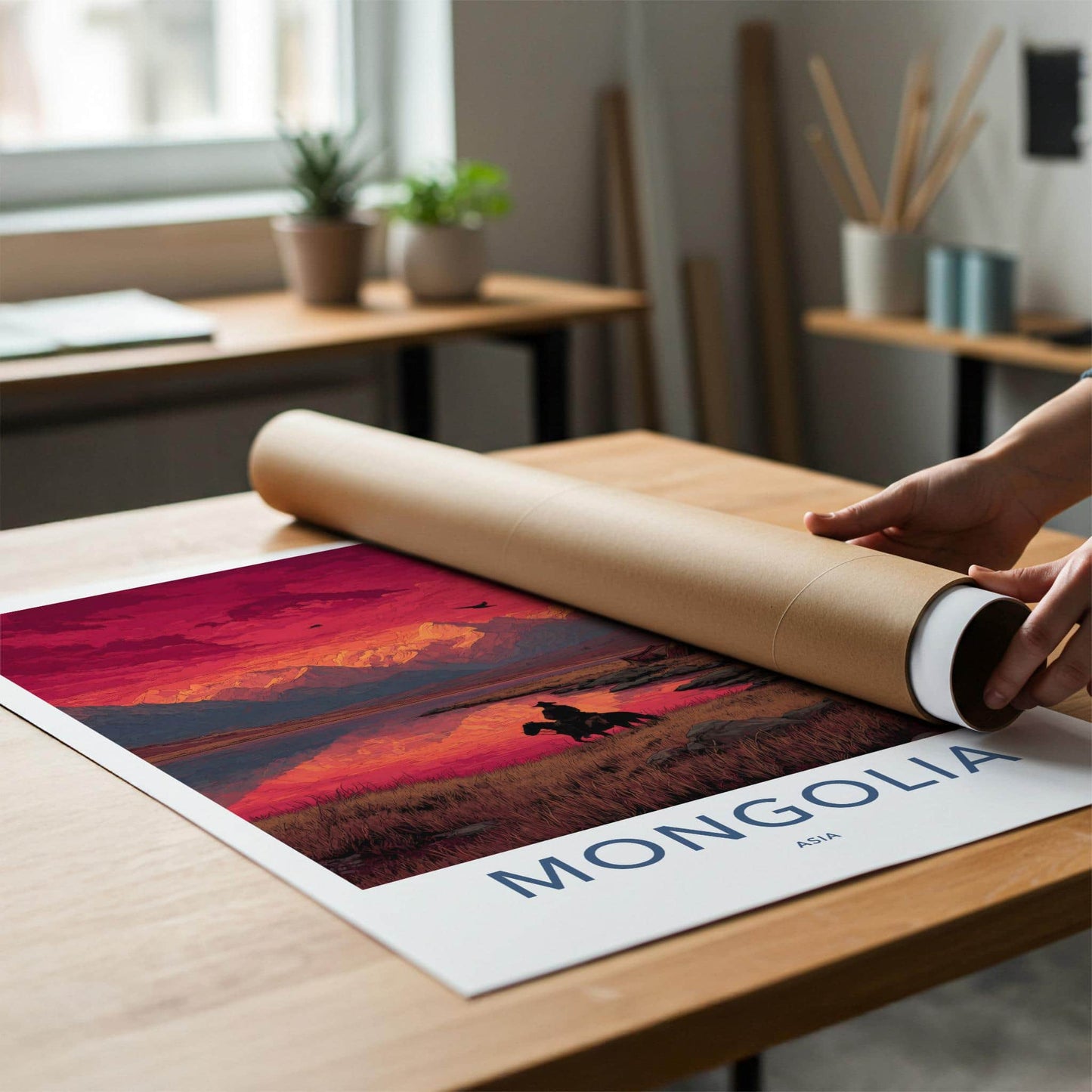 Mongolia Poster - Mongolia Travel Art - Rider Mountain Sunset Home Decor