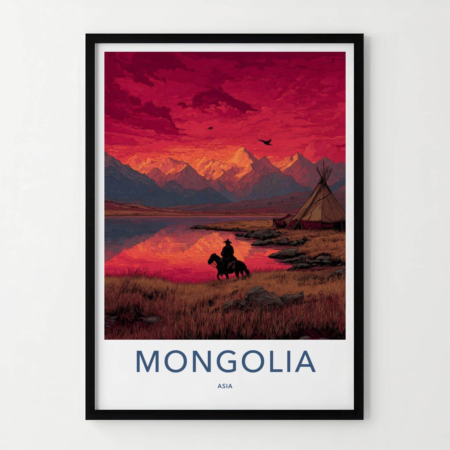 Mongolia Poster - Mongolia Travel Art - Rider Mountain Sunset Home Decor