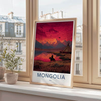 Mongolia Poster - Mongolia Travel Art - Rider Mountain Sunset Home Decor