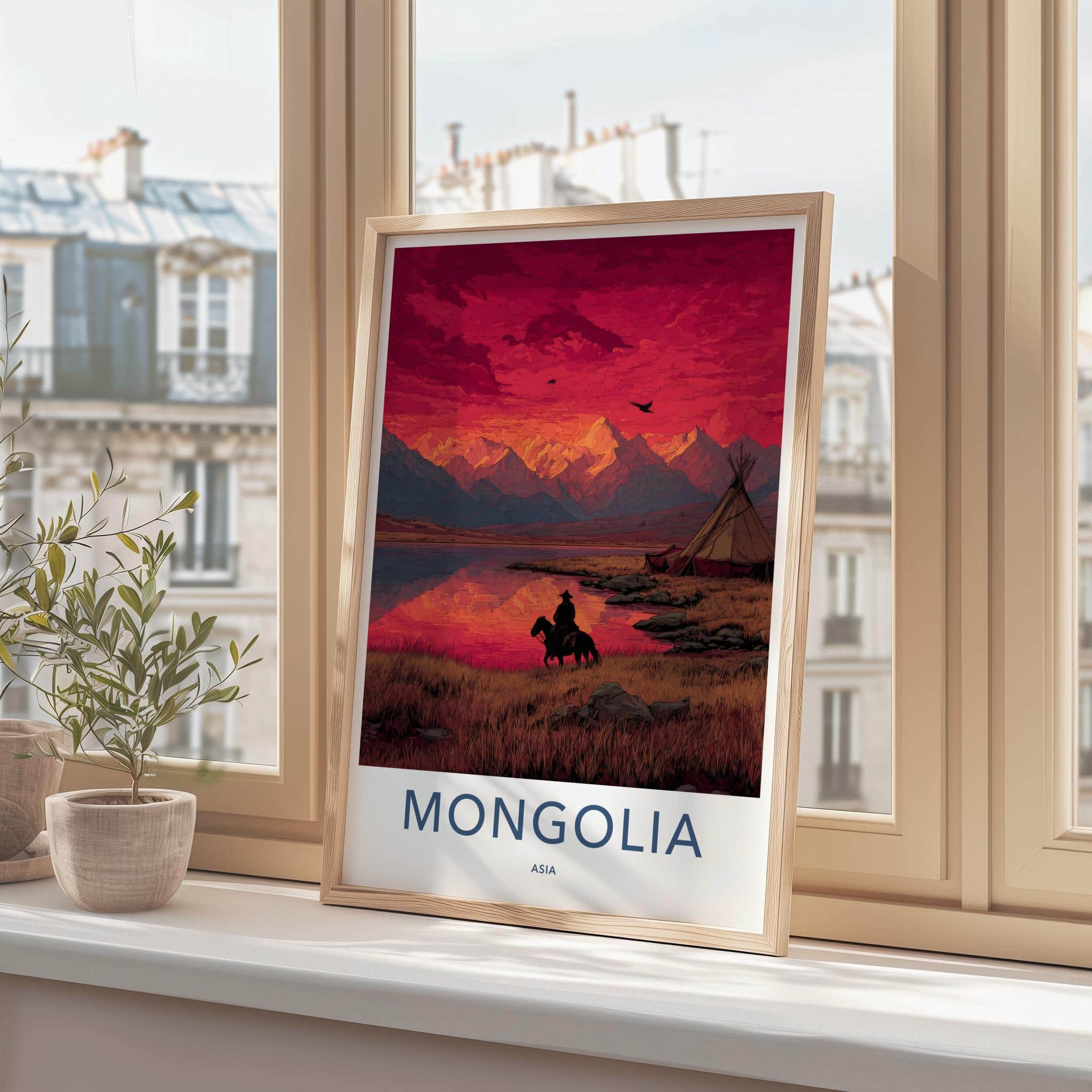 Mongolia Poster - Mongolia Travel Art - Rider Mountain Sunset Home Decor