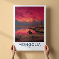 Mongolia Poster - Mongolia Travel Art - Rider Mountain Sunset Home Decor