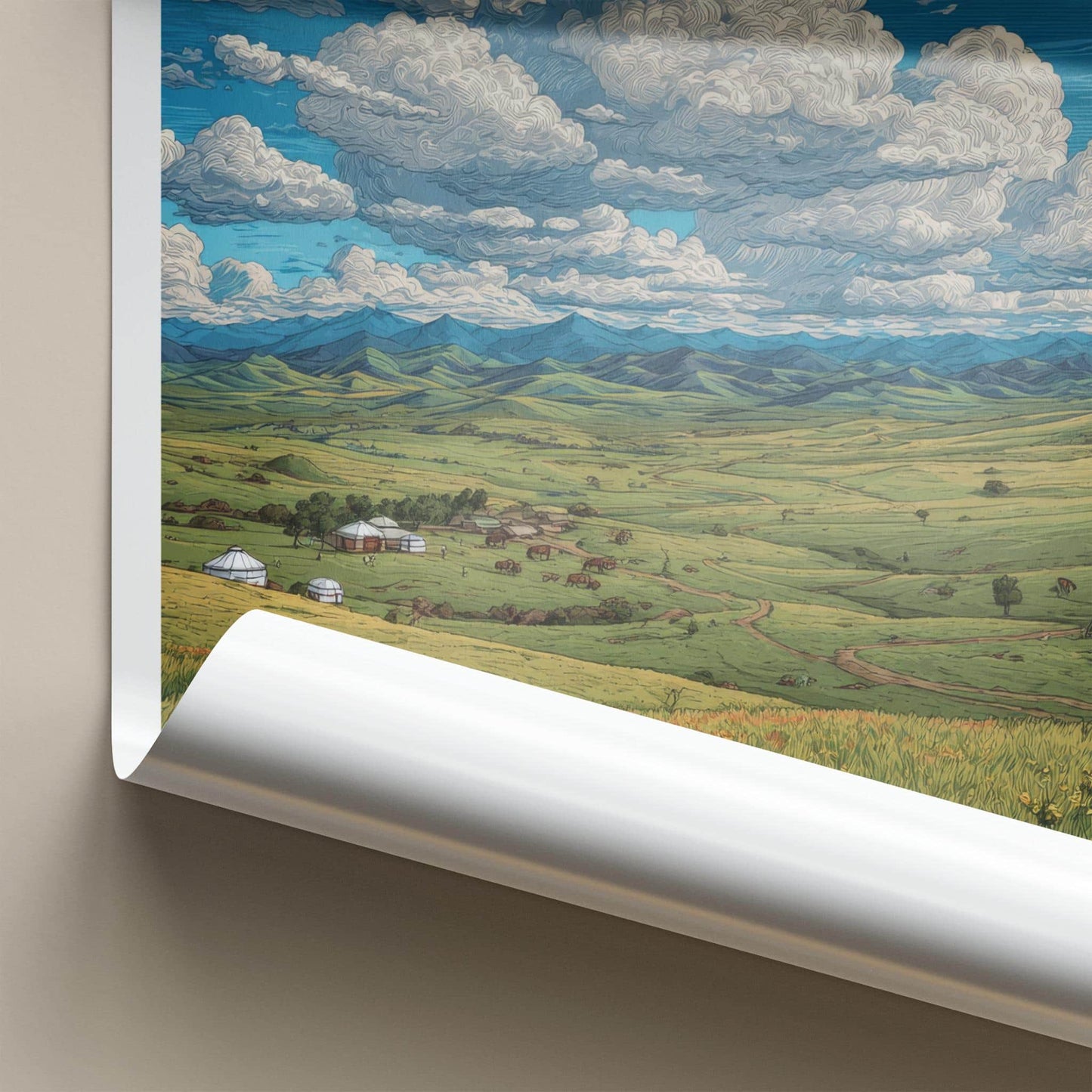 Mongolia Poster - Mongolia Travel Art - Yurt Village Valley Home Decor